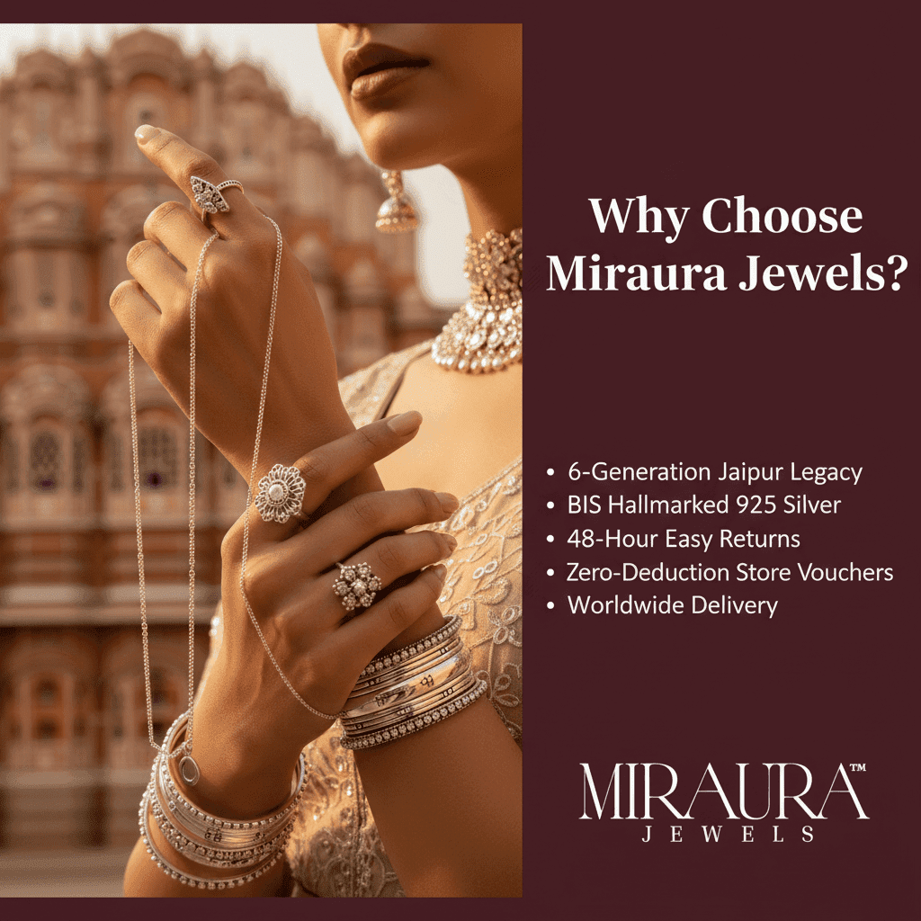Why Choose Miraura Jewels — 925 BIS Hallmarked Silver, 6-Generation Jaipur Legacy, 48-Hour Returns & Worldwide Delivery