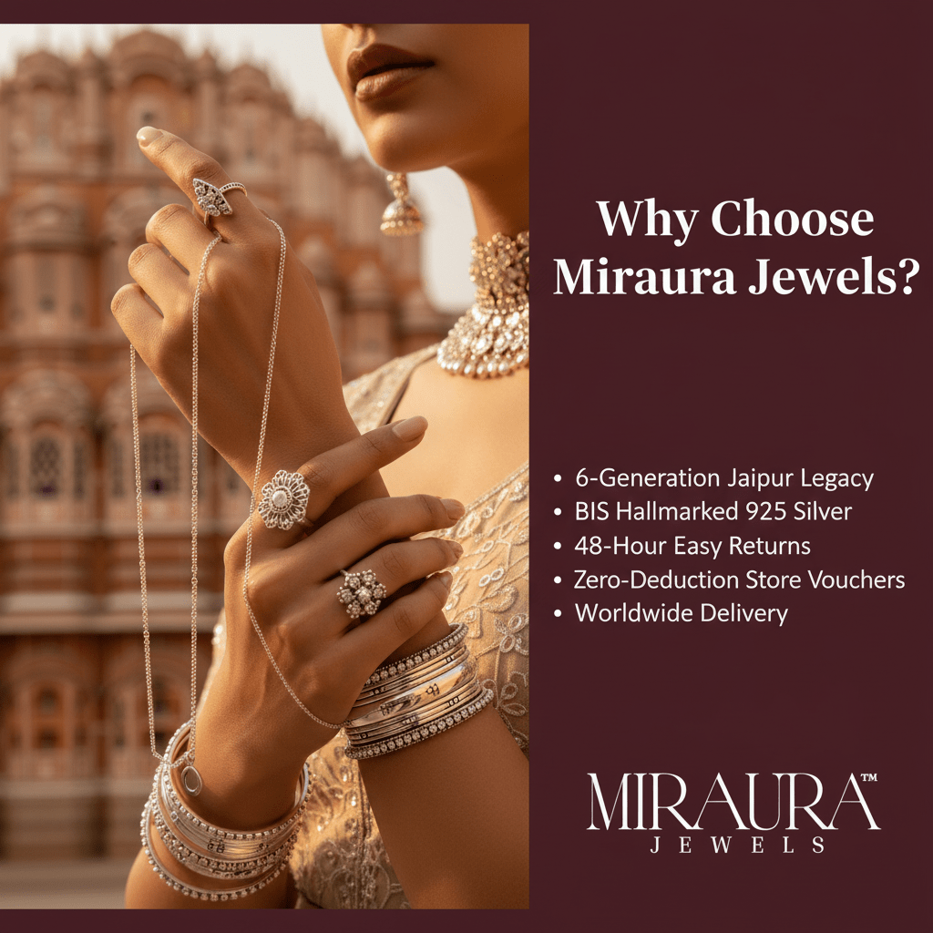 Why Choose Miraura Jewels — 925 BIS Hallmarked Silver, 6-Generation Jaipur Legacy, 48-Hour Returns & Worldwide Delivery