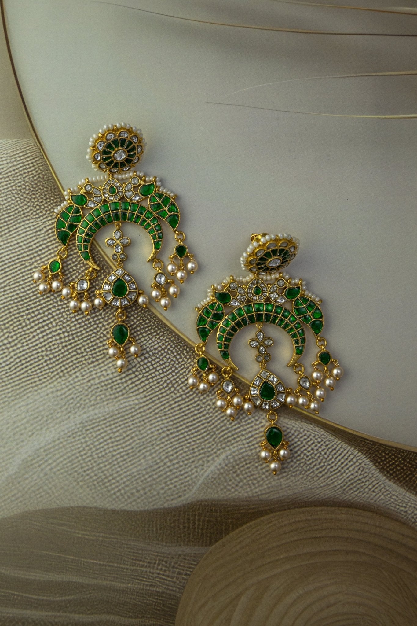 925 Silver Emerald Green Kundan Chandbali Earrings - Miraura Jewels