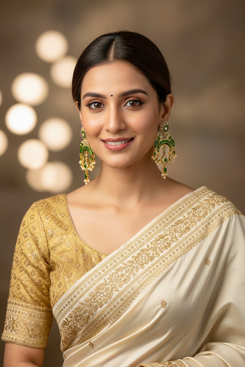 925 Silver Emerald Green Kundan Chandbali Earrings - Miraura Jewels