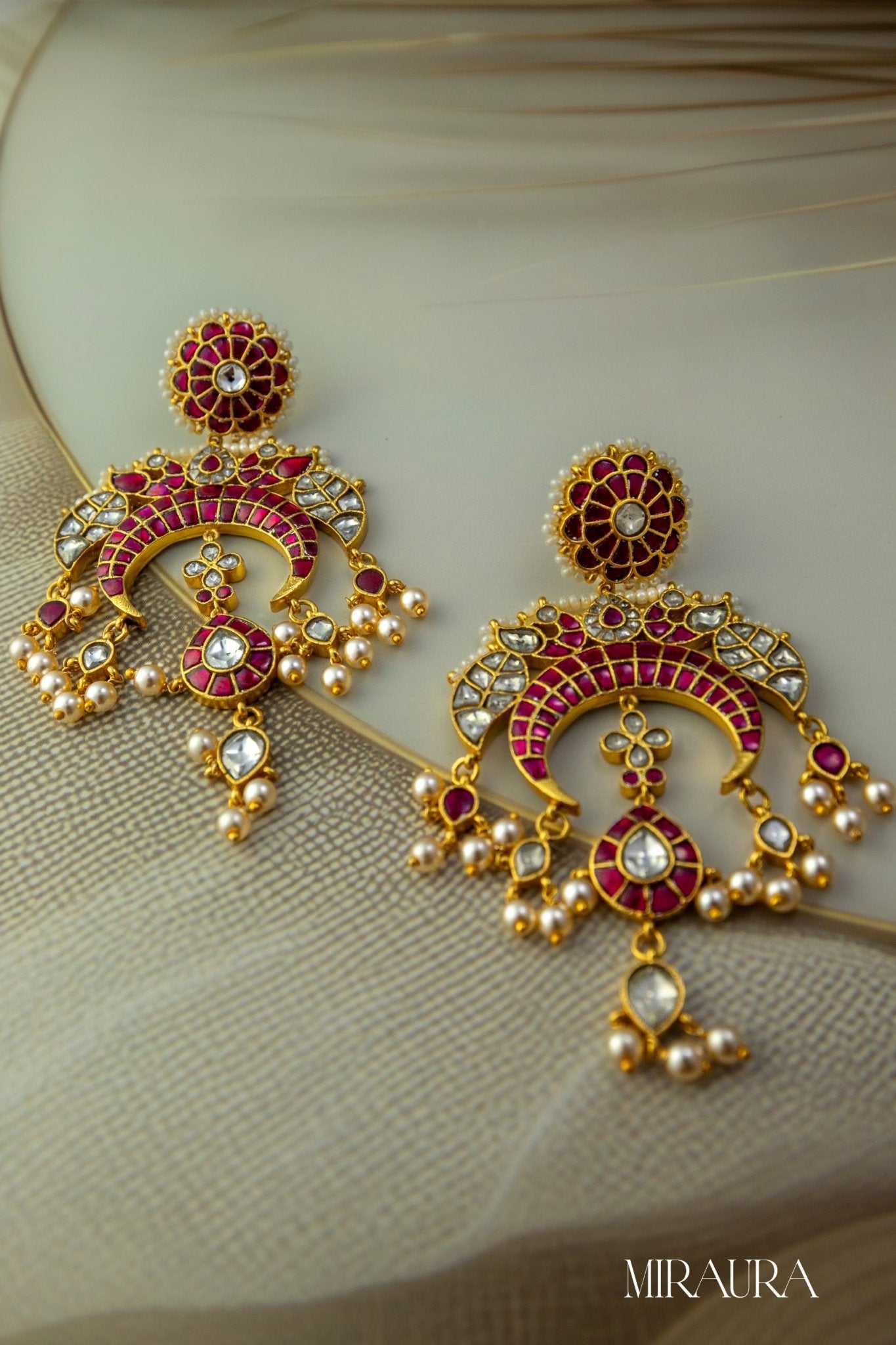 925 Silver Kundan Regal Red Chandbali Earrings - Miraura Jewels