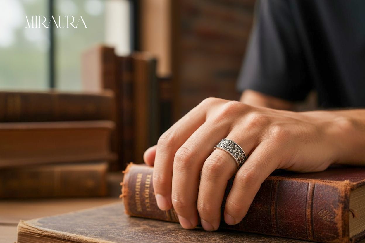 925 Silver Men's Vintage - Style Carved Band - Miraura Jewels