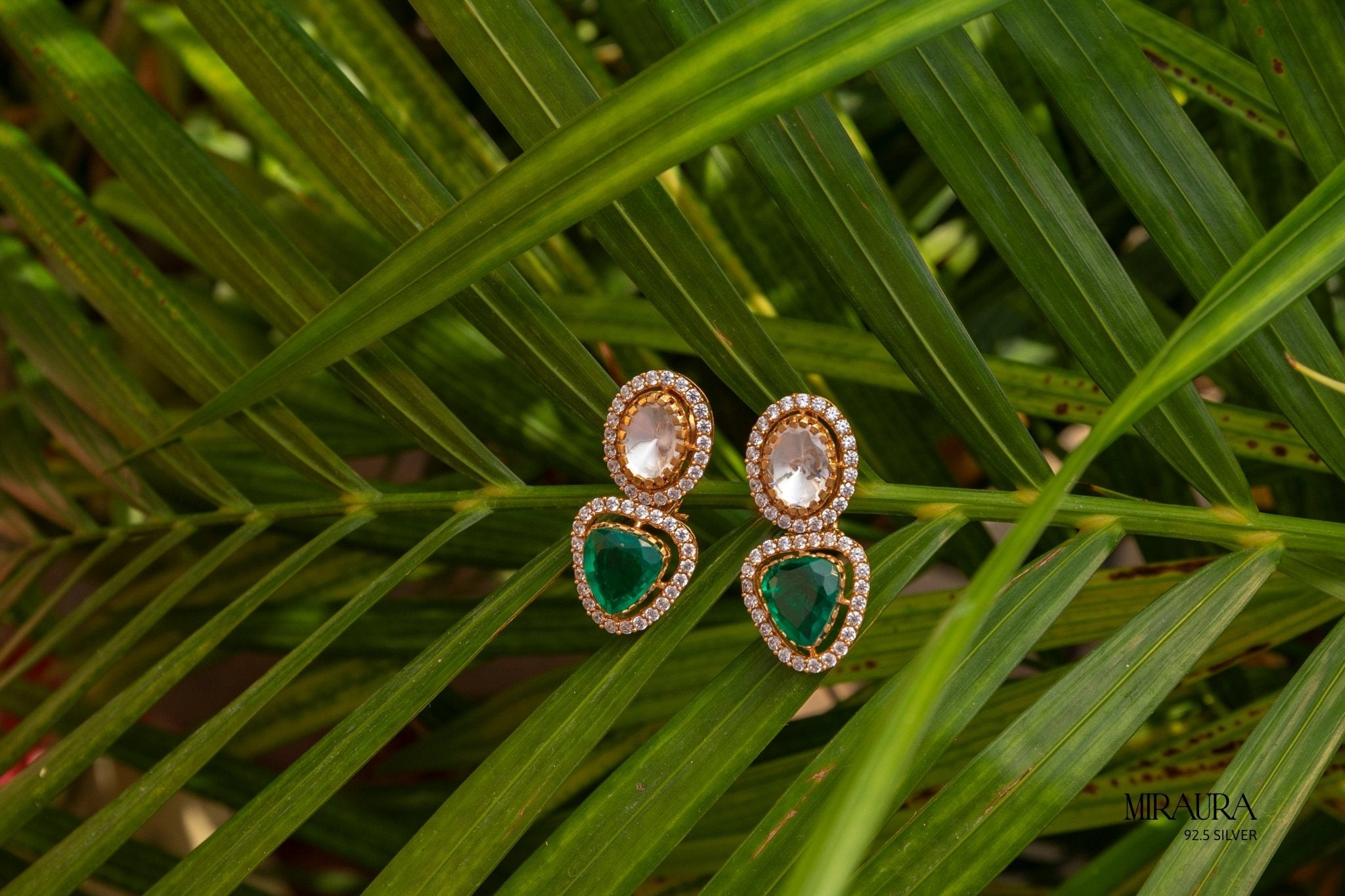 925 Silver & Moissanite Polki Emerald Drop Earrings - Miraura Jewels