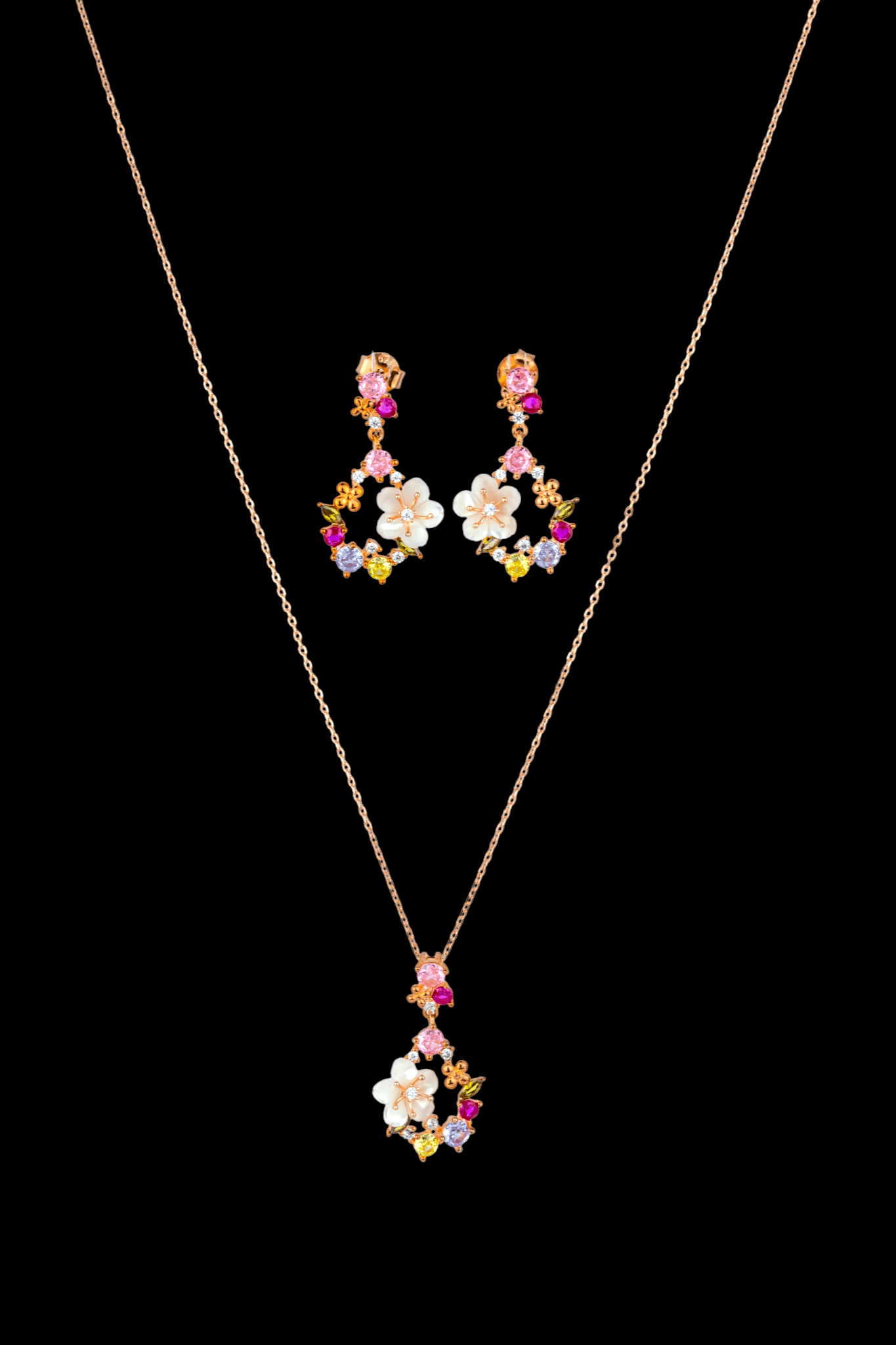 925 Silver Rose Gold Floral Drop Set - Miraura Jewels
