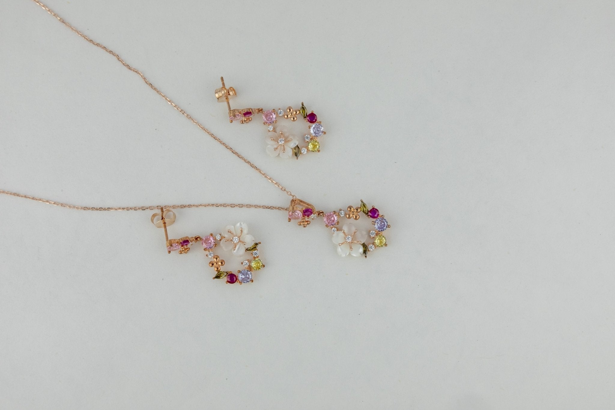 925 Silver Rose Gold Floral Drop Set - Miraura Jewels