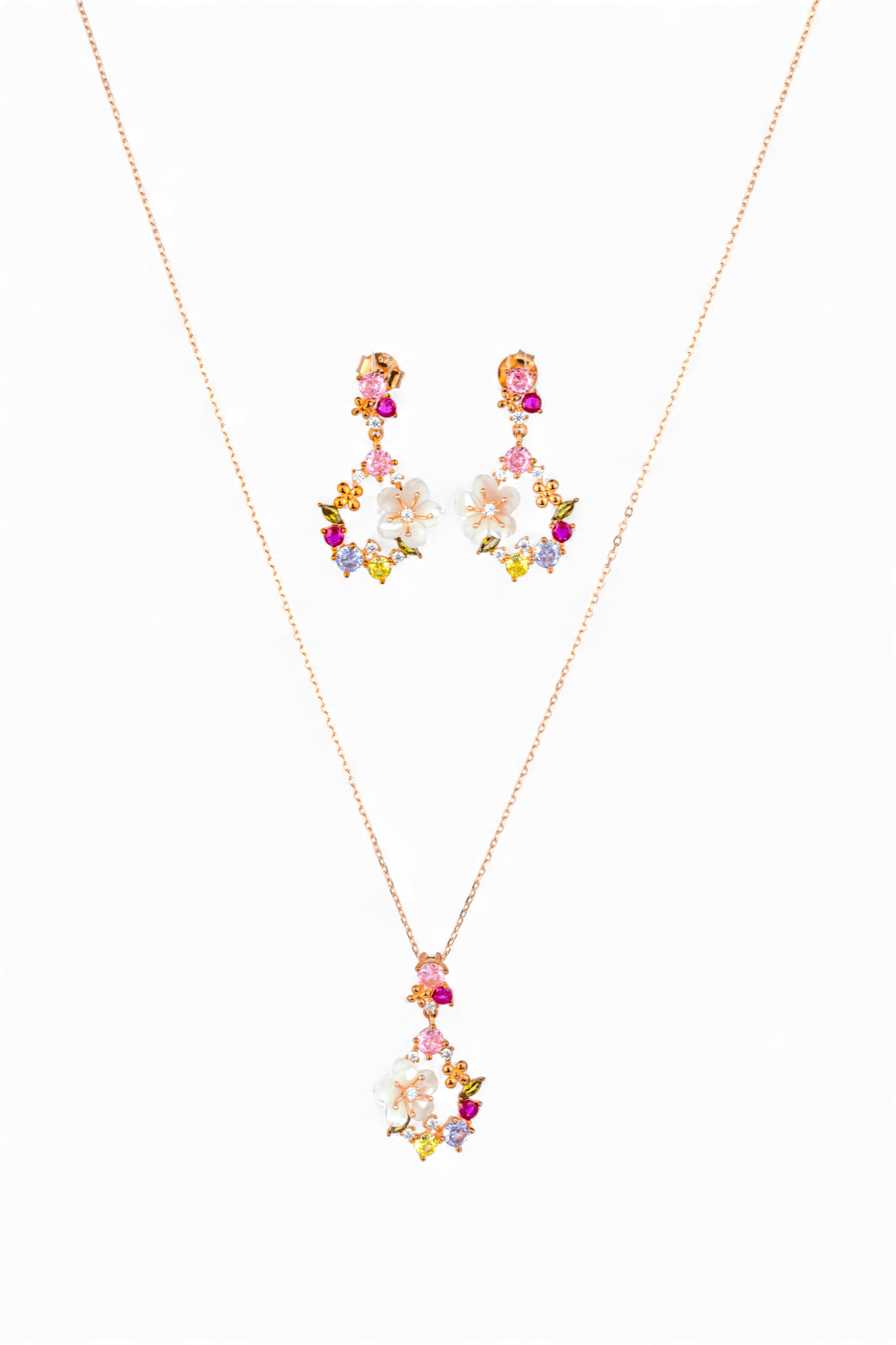 925 Silver Rose Gold Floral Drop Set - Miraura Jewels
