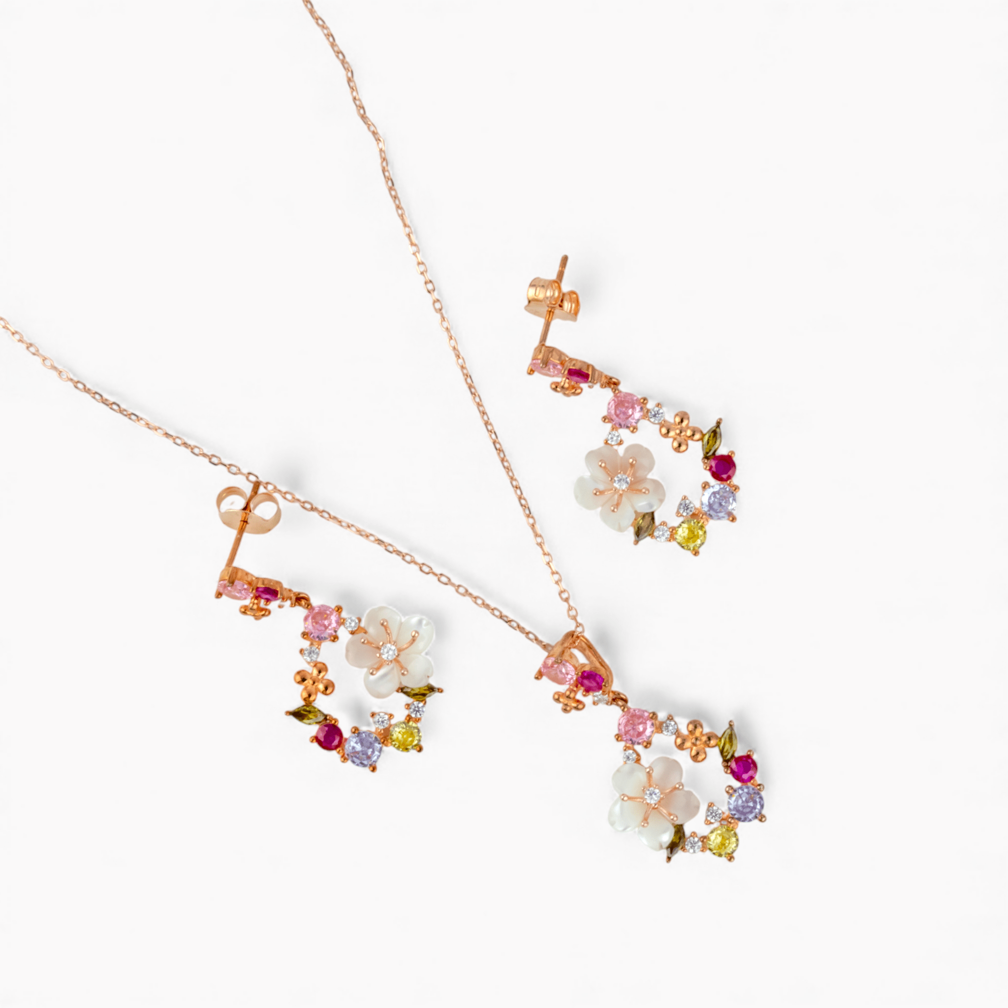 925 Silver Rose Gold Floral Drop Set - Miraura Jewels
