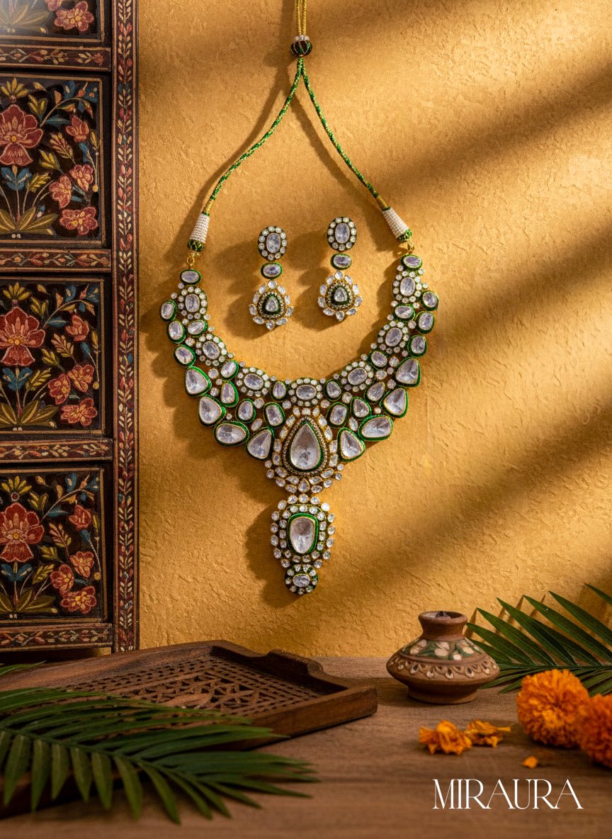 925 Sterling Silver CVD Uncut Polki Bridal Necklace Set with Green Enamel - Miraura Jewels