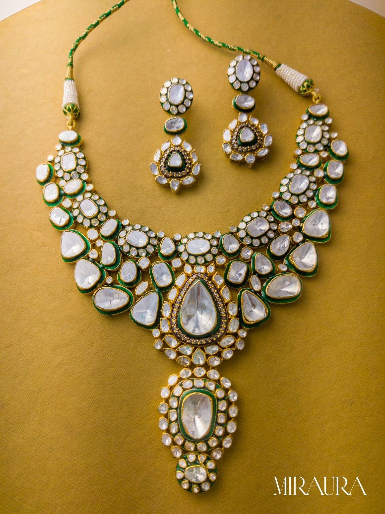 925 Sterling Silver CVD Uncut Polki Bridal Necklace Set with Green Enamel - Miraura Jewels