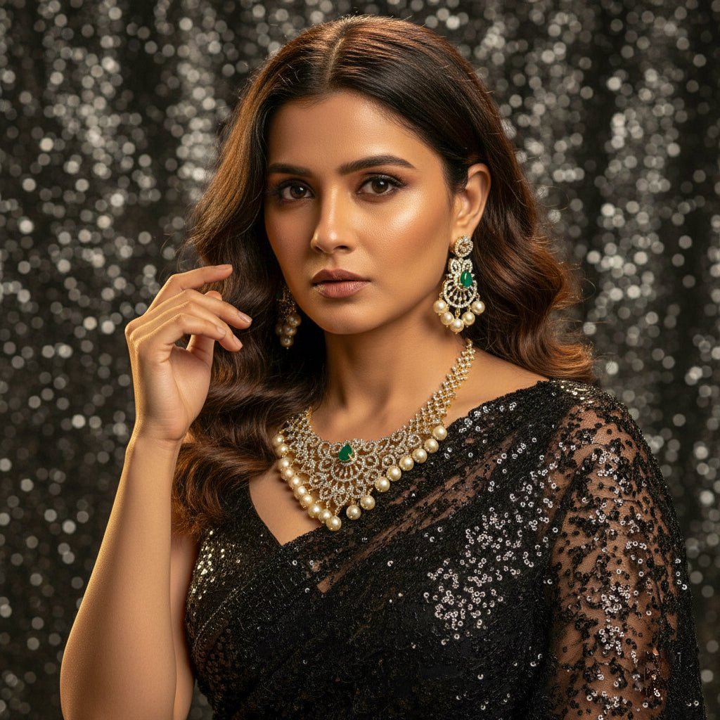 925 Sterling Silver CZ Necklace Set | Emerald Green Stone CZ & Pearl Drop | Two - Tone Finish - Miraura Jewels