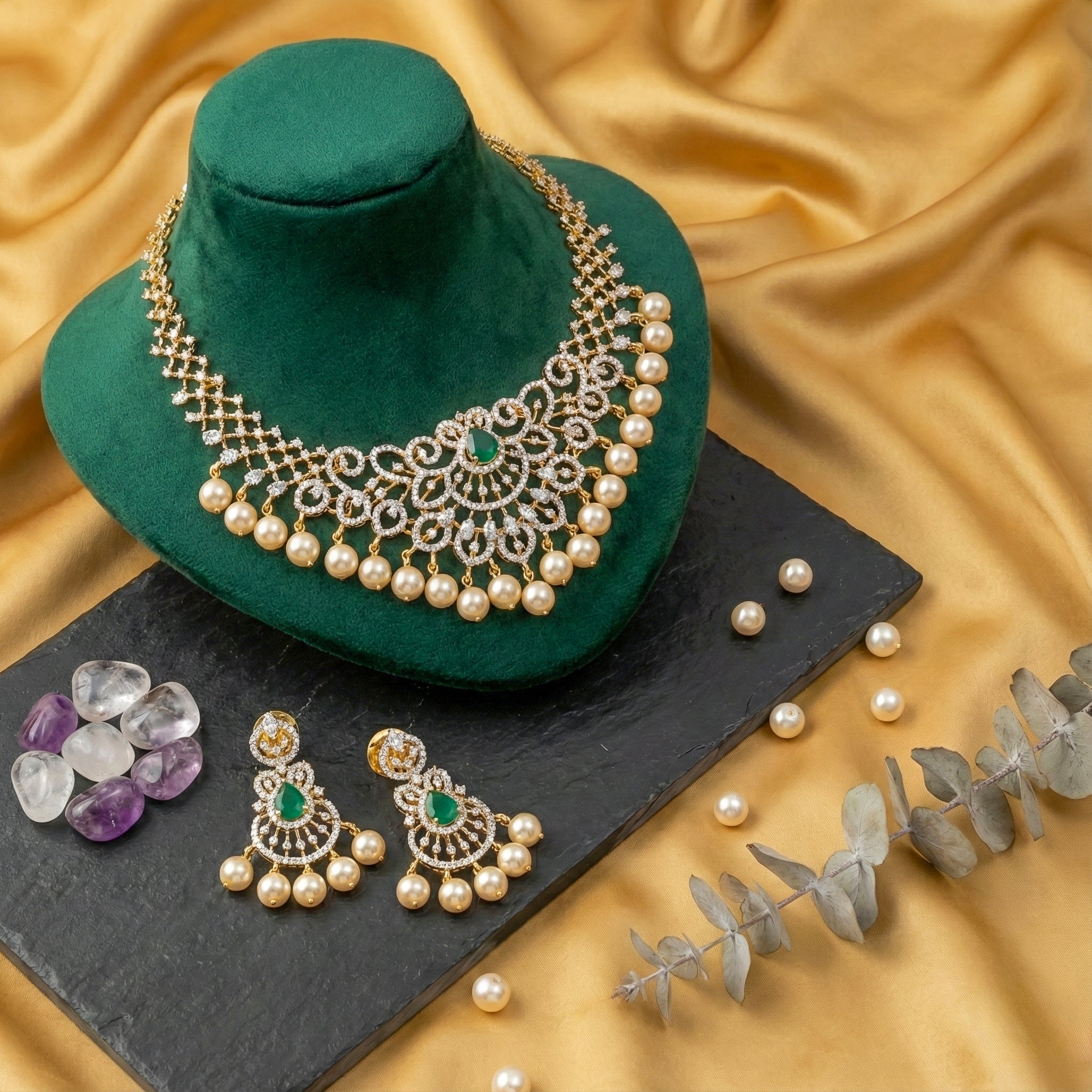 925 Sterling Silver CZ Necklace Set | Emerald Green Stone CZ & Pearl Drop | Two - Tone Finish - Miraura Jewels