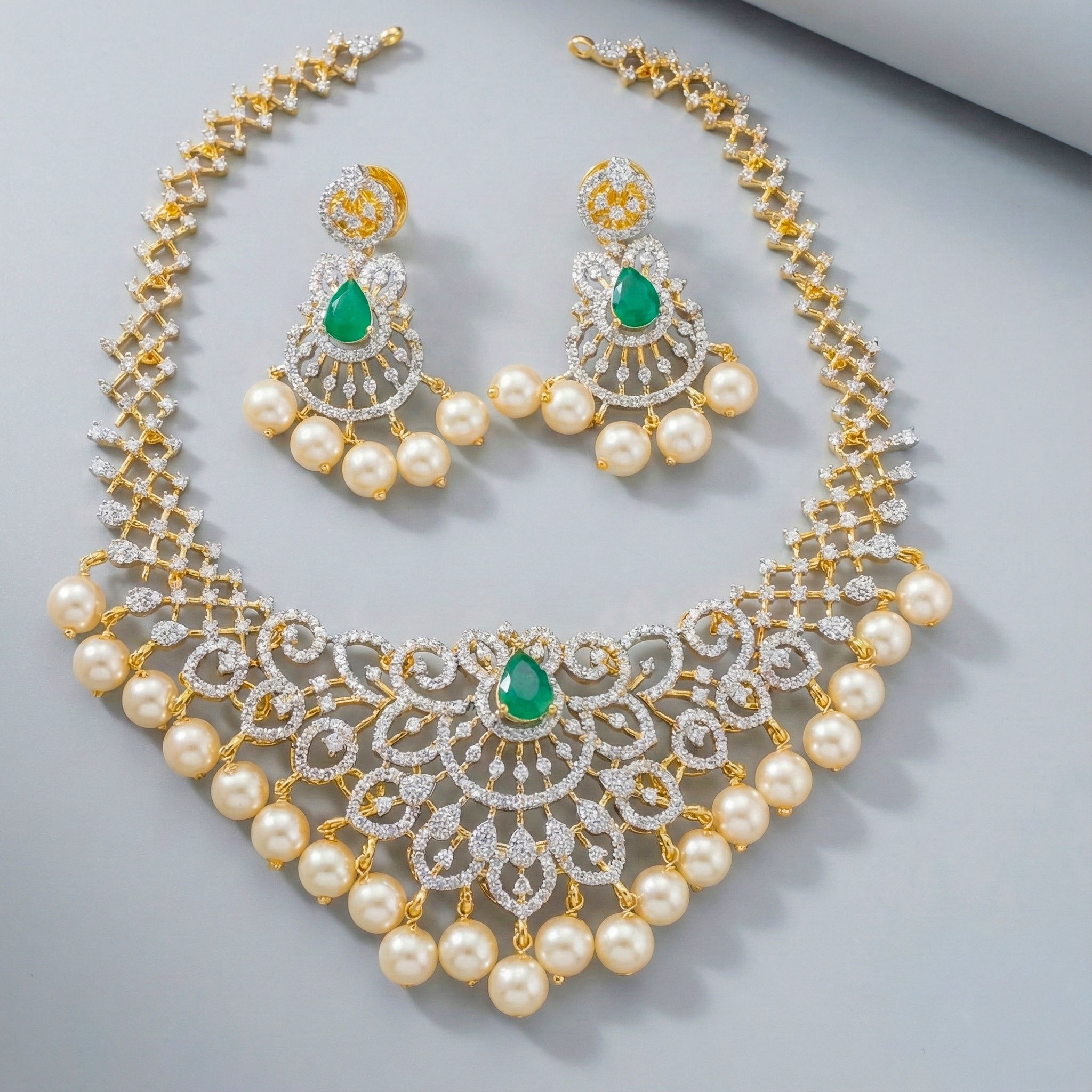 925 Sterling Silver CZ Necklace Set | Emerald Green Stone CZ & Pearl Drop | Two - Tone Finish - Miraura Jewels