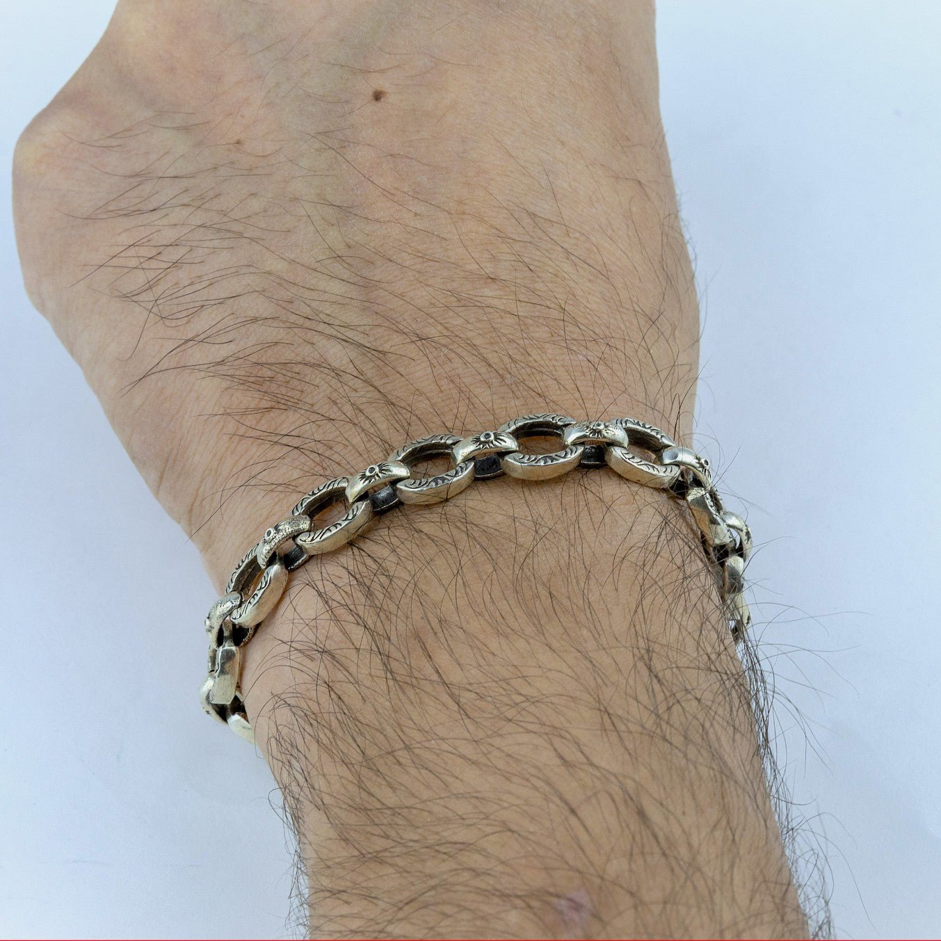925 Sterling Silver Textured Gothic Link Bracelet - Miraura Jewels worn by a men on wrist.