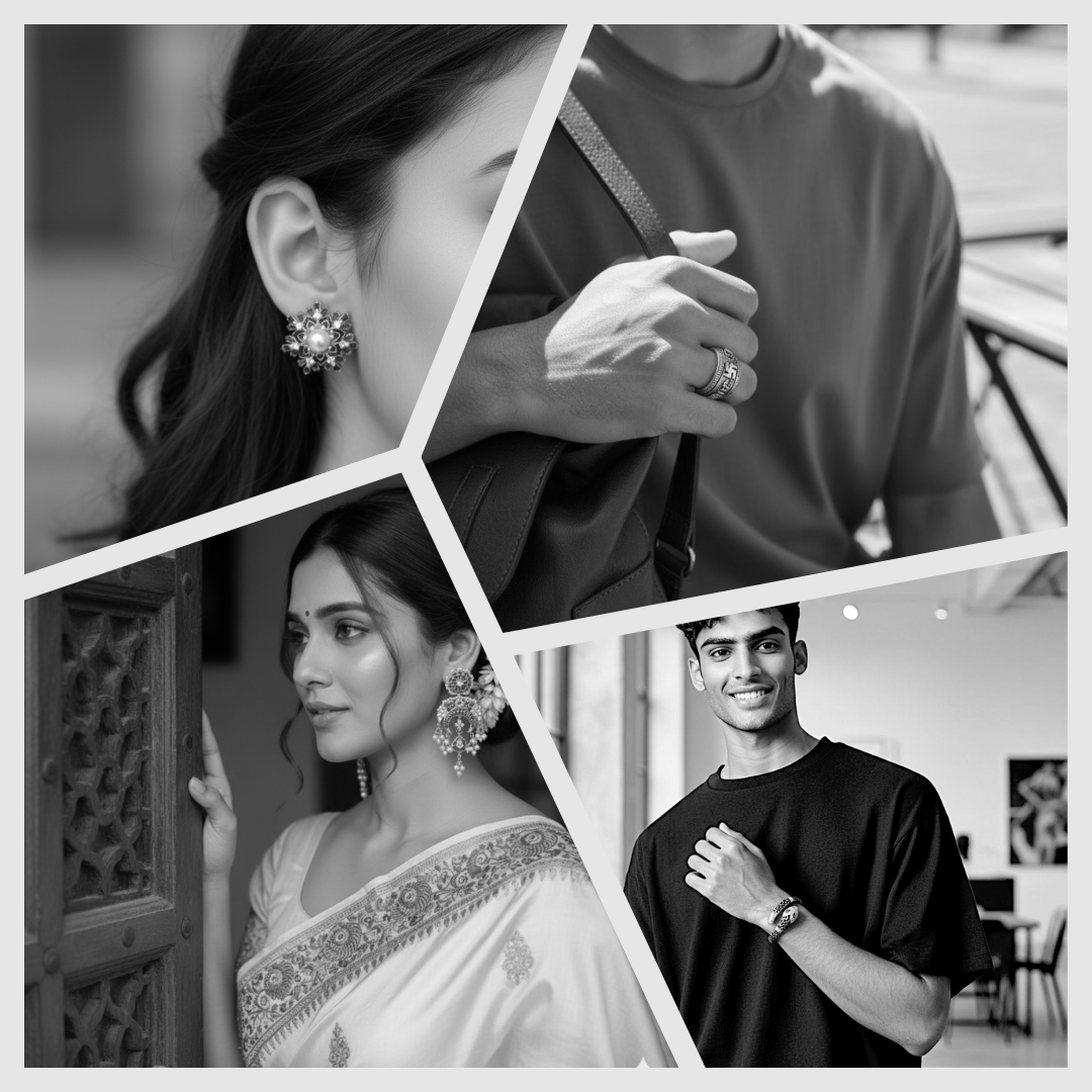 Collage of black and white photos featuring a woman in a saree, a man with a watch, and close-up details. for Miraura Jewels