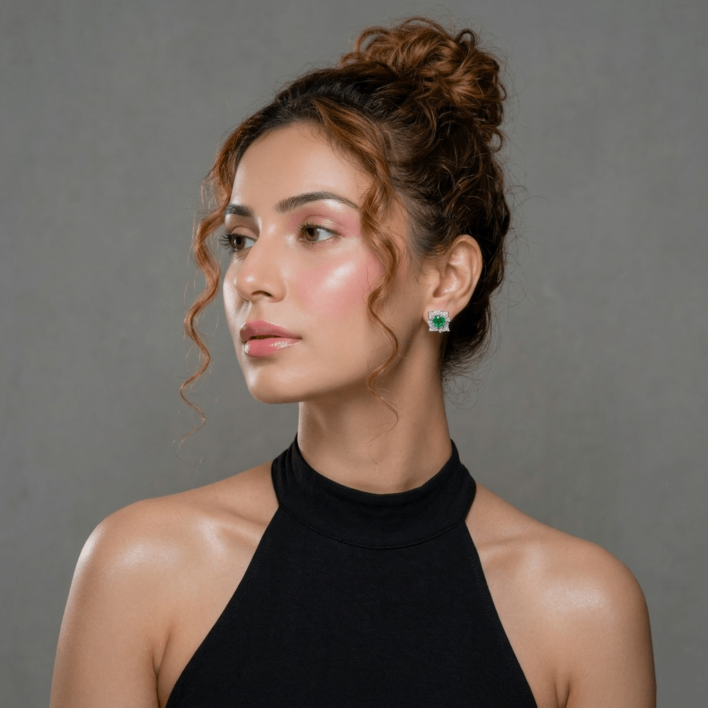 Woman wearing a Emerald - Green Geometric Cluster Studs | 925 Silver - Miraura Jewels