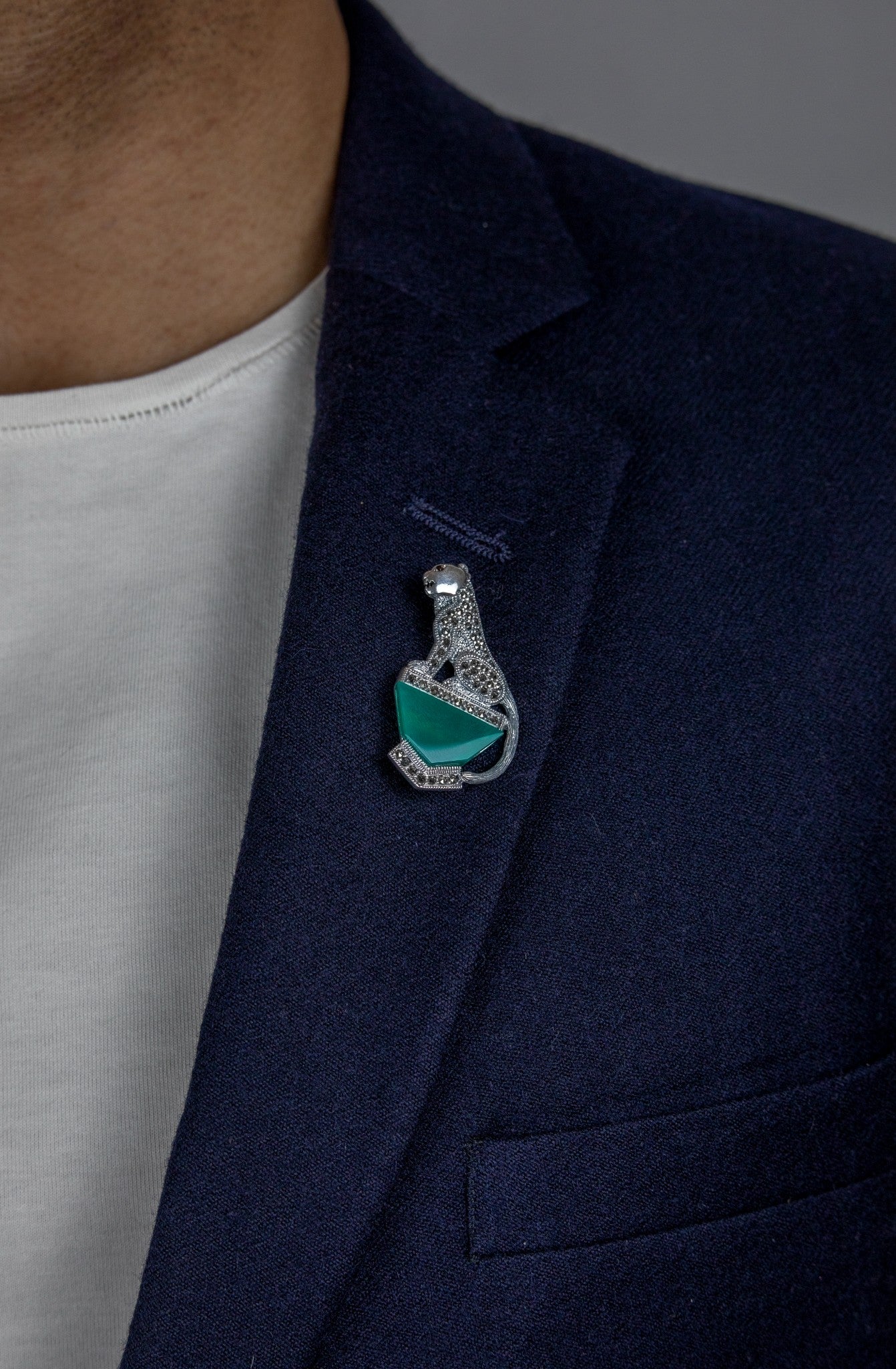 Zircon Panther & Green Stone Silver Brooch - Miraura Jewels