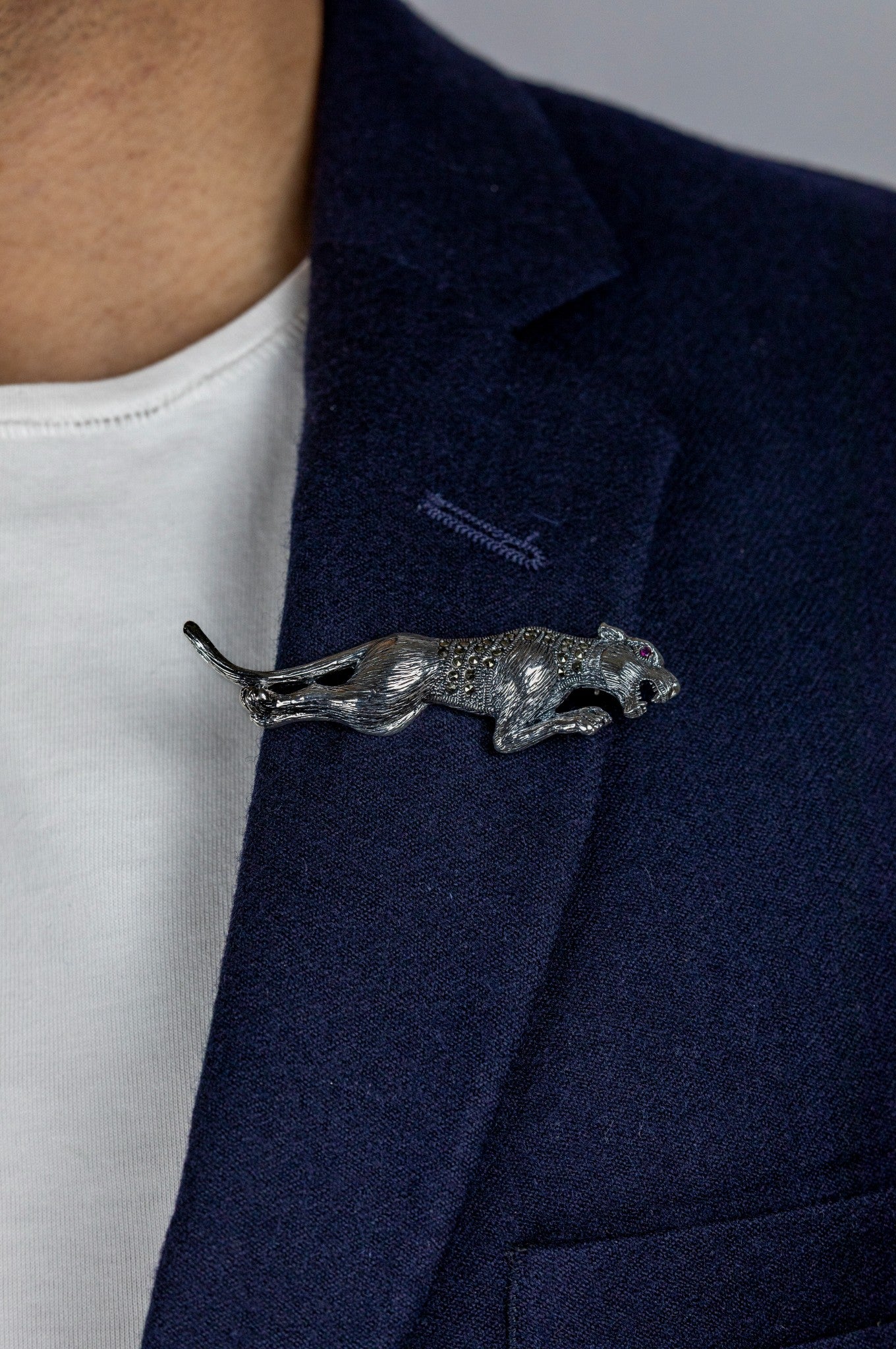 Oxidized Silver Crouching Panther Brooch - Miraura Jewels