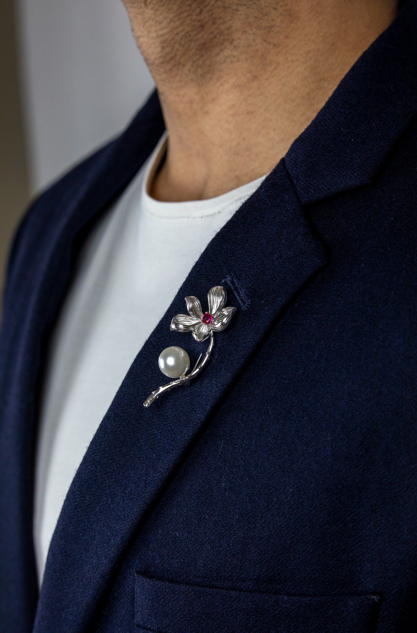 Ruby & Pearl Floral Silver Brooch - Miraura Jewels