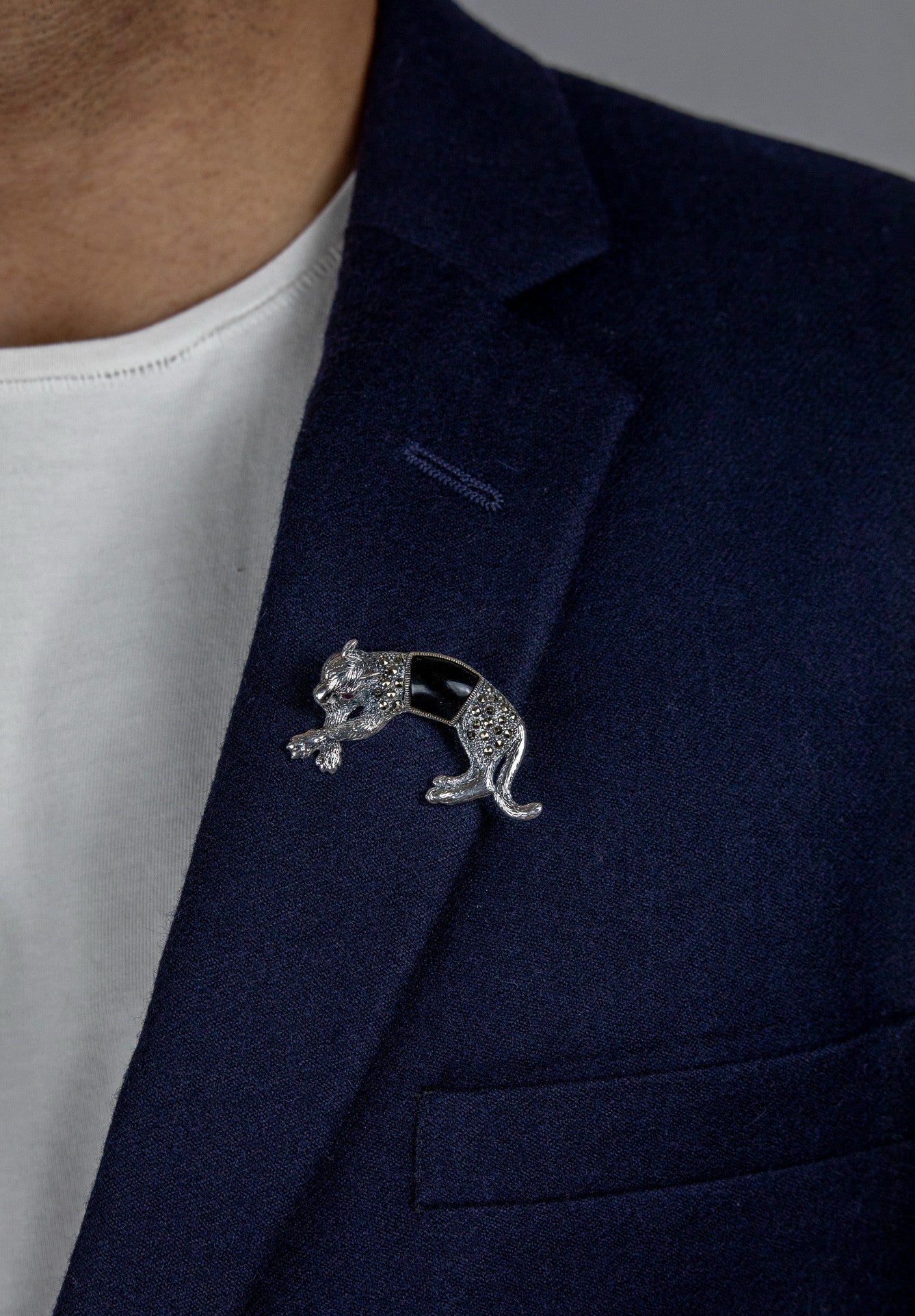 Black Onyx & Zircon Panther Silver Brooch - Miraura Jewels