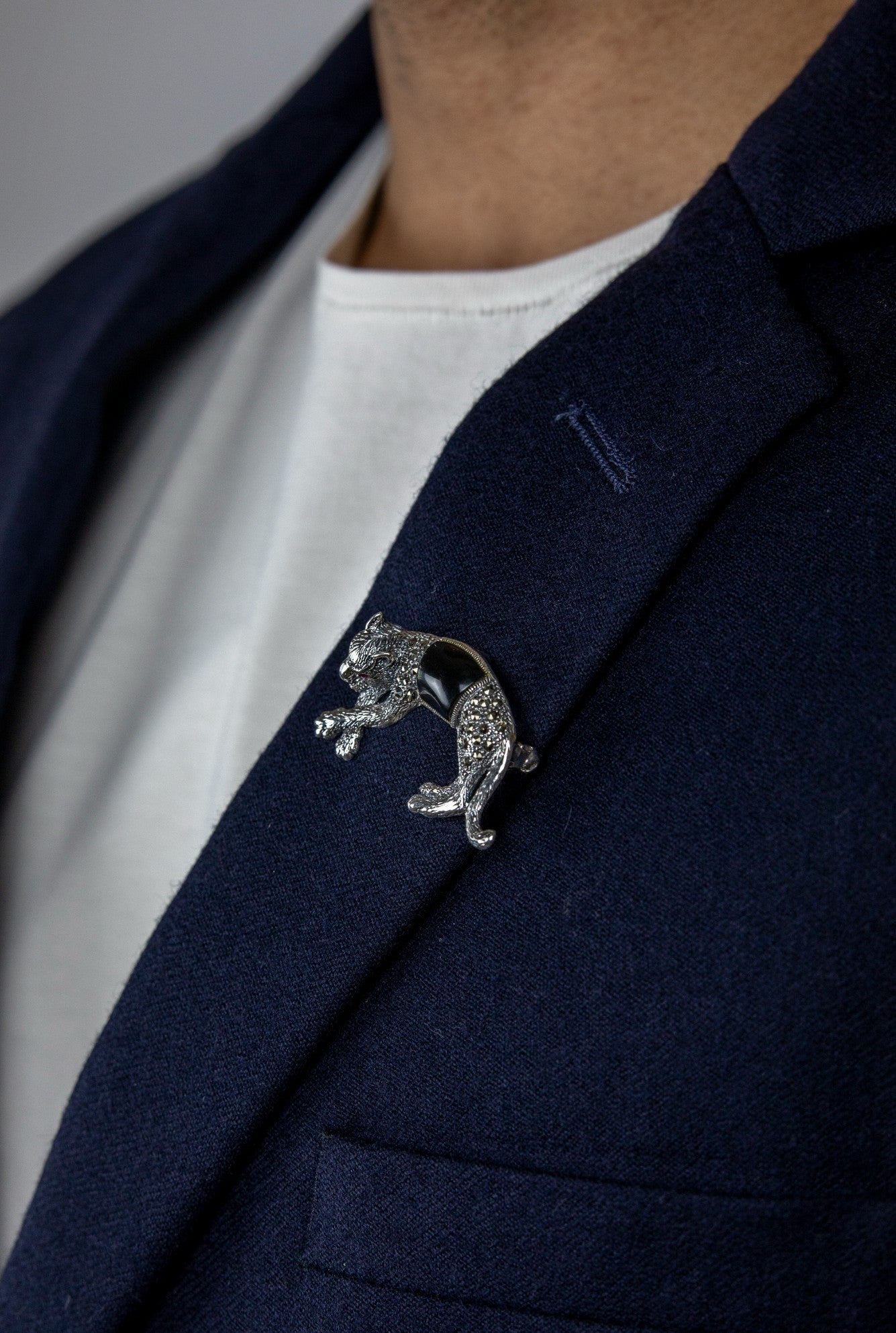 Black Onyx & Zircon Panther Silver Brooch - Miraura Jewels