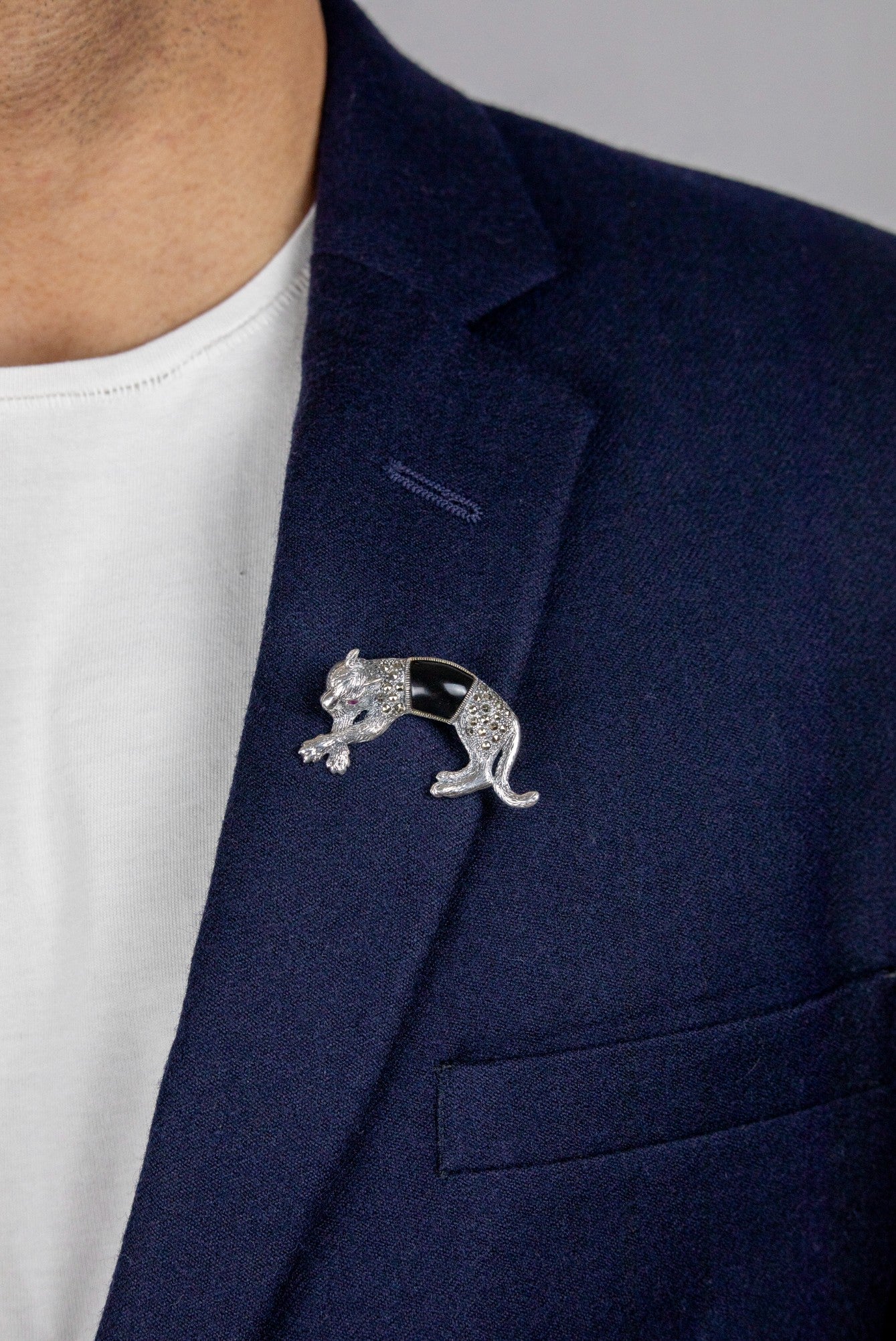 Black Onyx & Zircon Panther Silver Brooch - Miraura Jewels