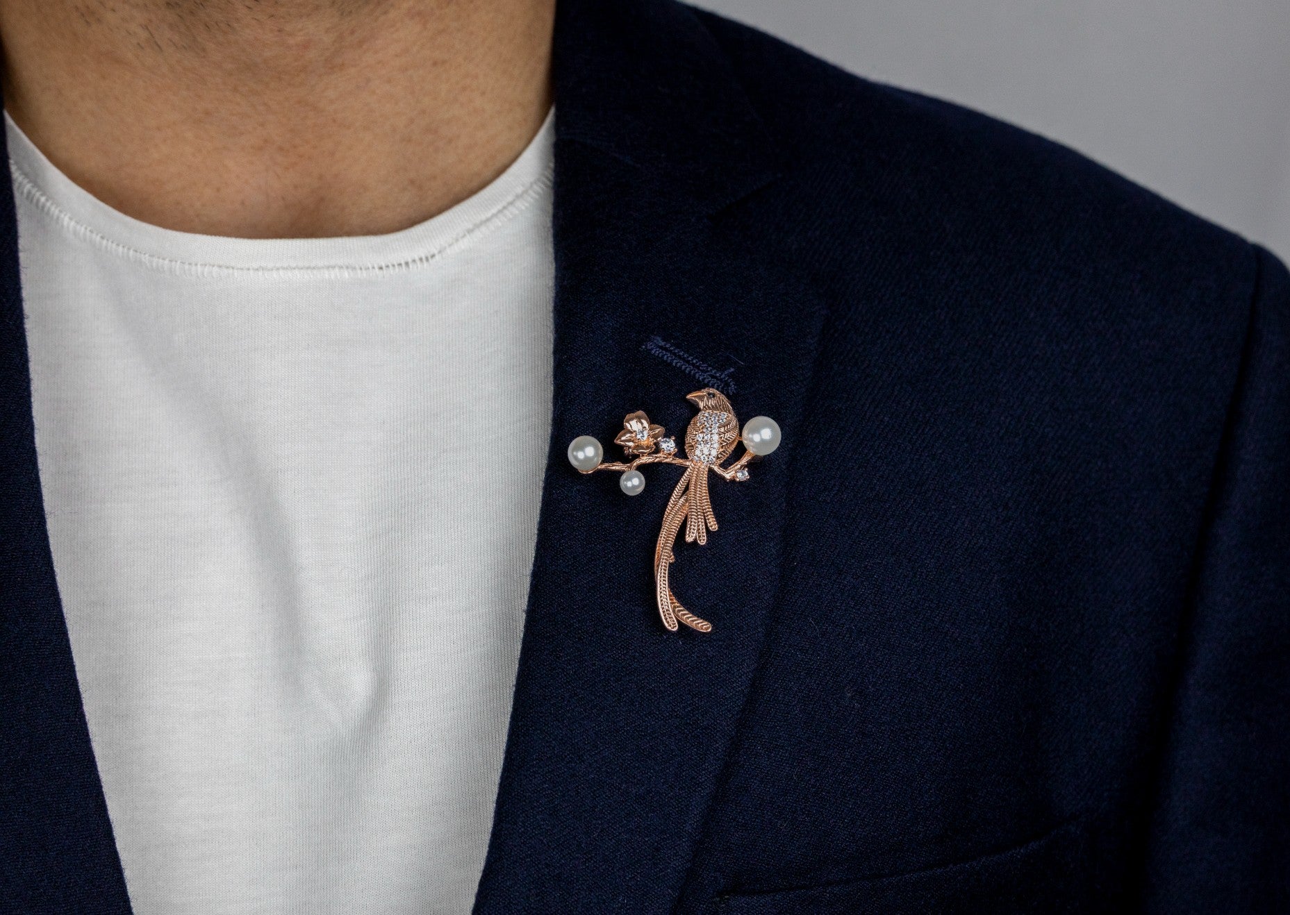 Rose Gold Bird & Pearl Floral Brooch - Miraura Jewels