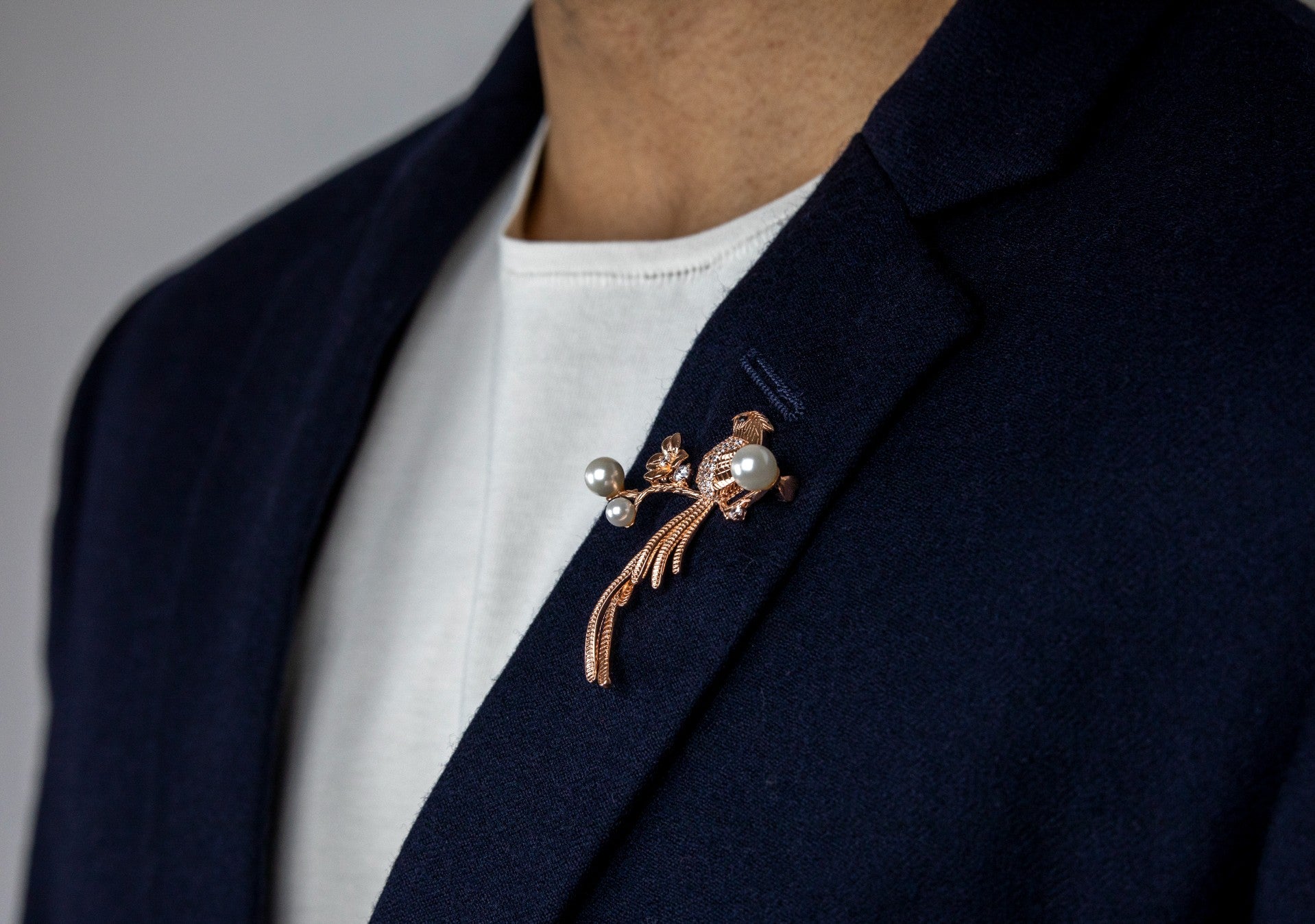 Rose Gold Bird & Pearl Floral Brooch - Miraura Jewels