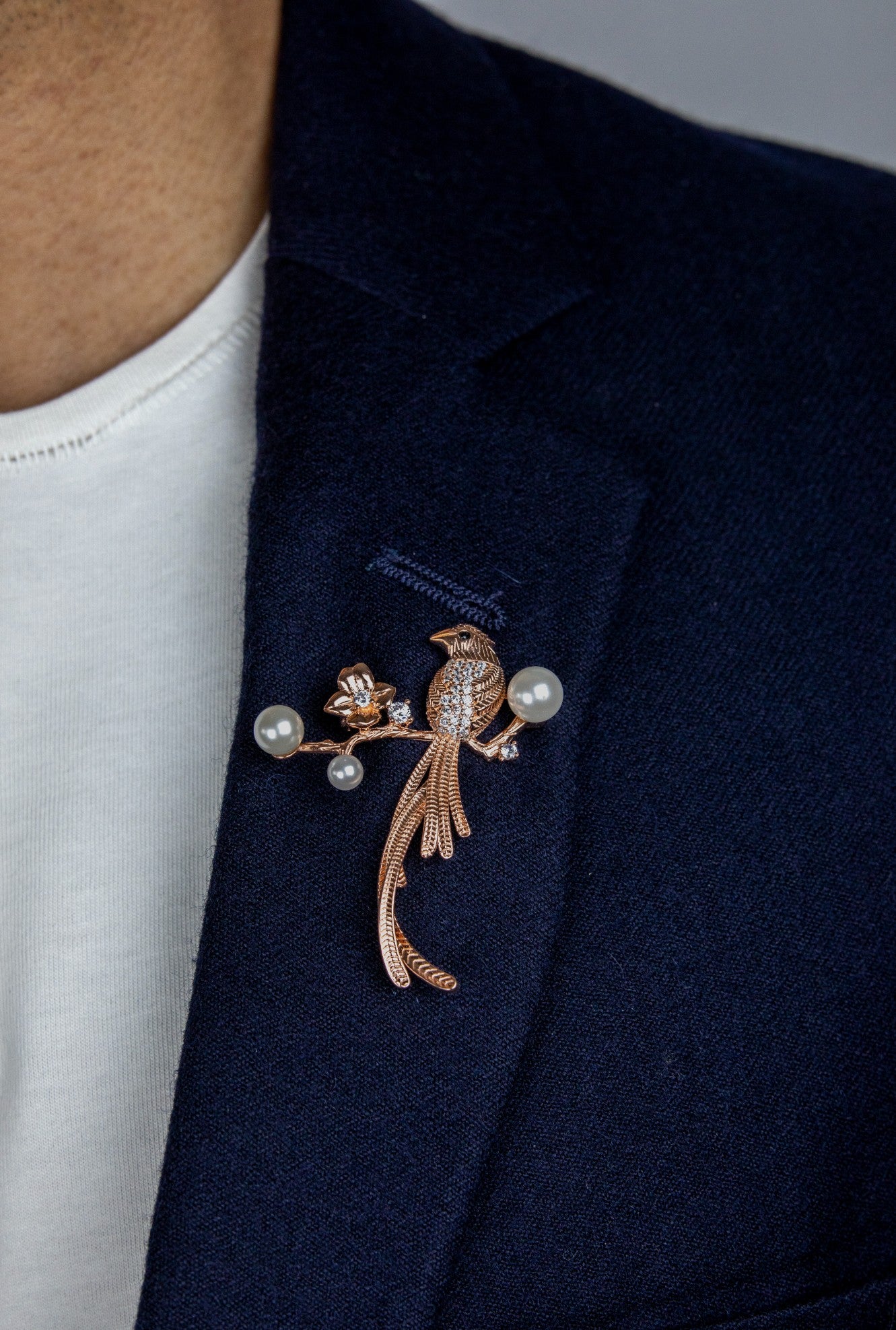 Rose Gold Bird & Pearl Floral Brooch - Miraura Jewels