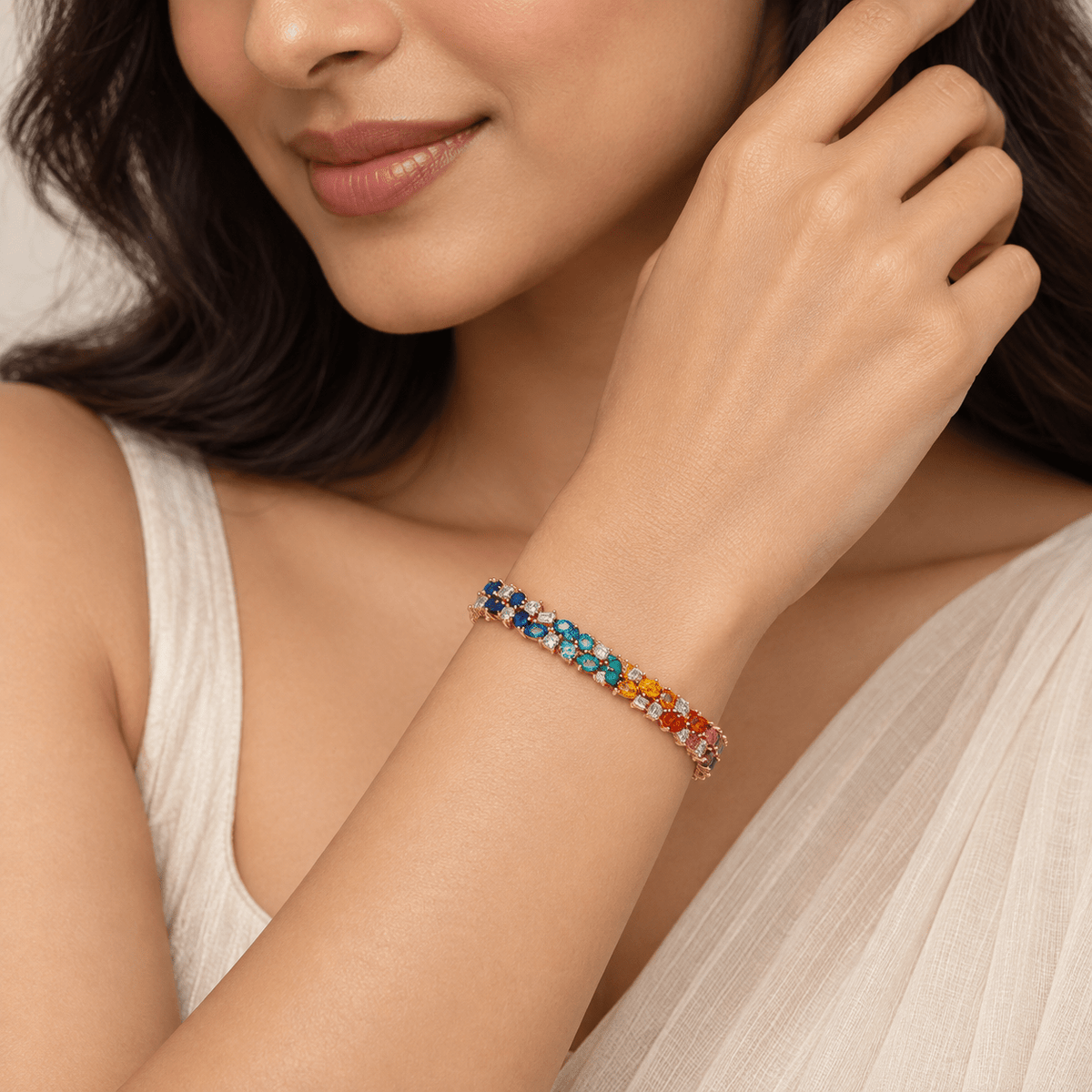 Model Shot of Miraura's Rainbow Colored Tennis Bracelet - Miraura Jewels