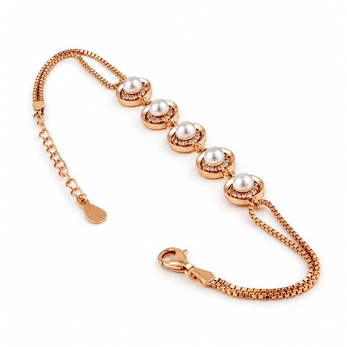 925 Silver Pearl Station Slider Bracelet | Rose Gold 