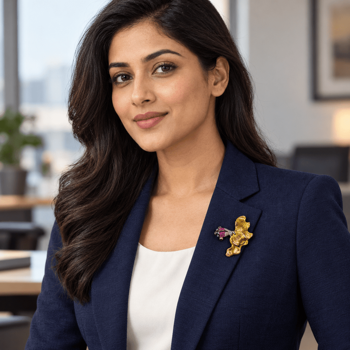 A woman wearing The Golden Matsya Bespoke 925 Silver Brooch on her navy blue blazer over a white top.