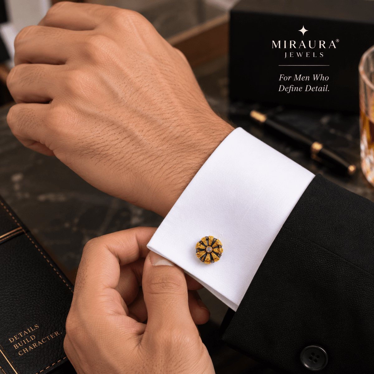 A close-up lifestyle shot of a man wearing a white dress shirt cuff and adjusting a round gold cufflink with black and yellow details. A black MIRAURA JEWELS brand box is visible in the background on a dark marble surface.