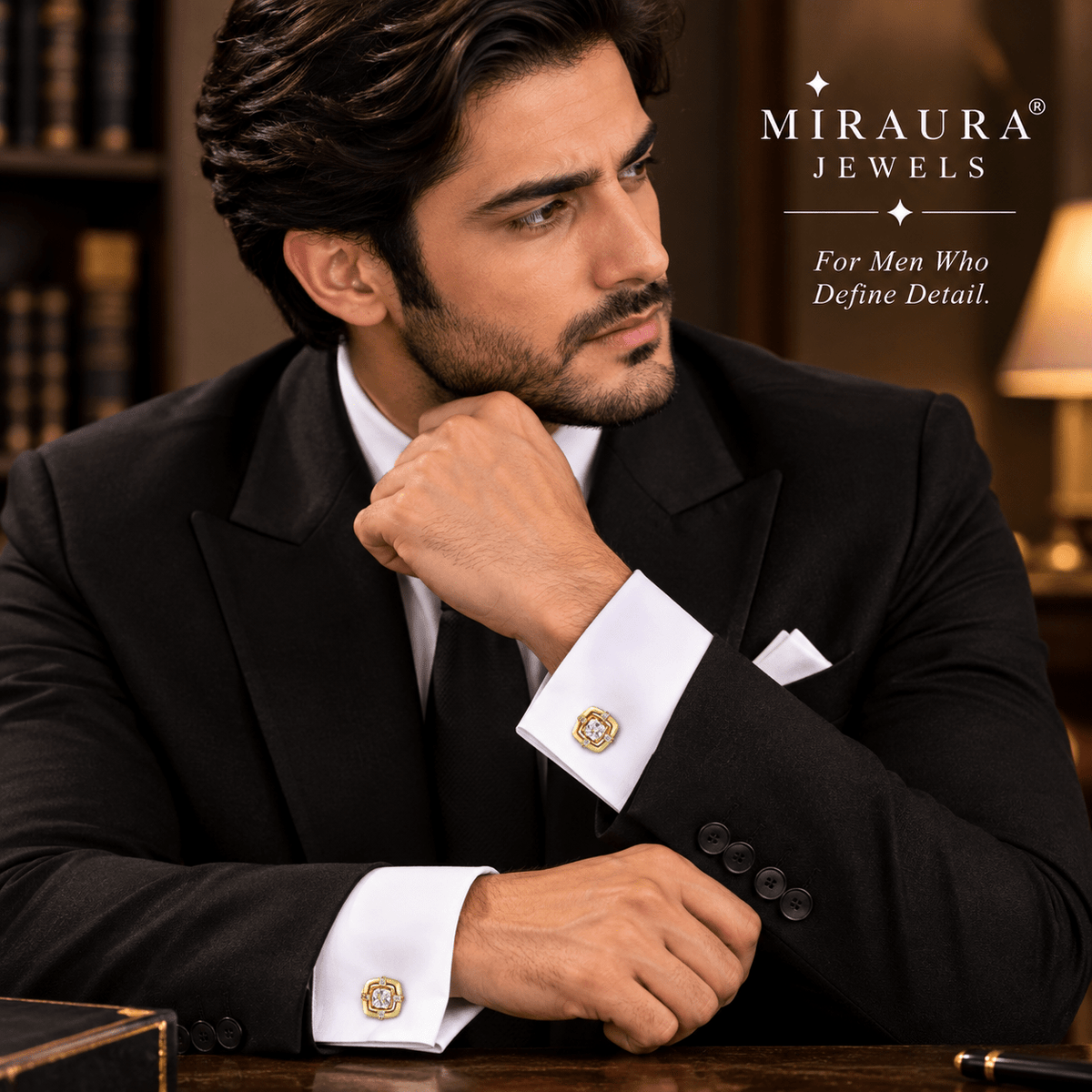 A man in a black suit and white shirt wearing gold Miraura Jewels cufflinks, posed in a warm, elegant library setting. The brand logo 'MIRAURA JEWELS' is displayed in the top right corner.
