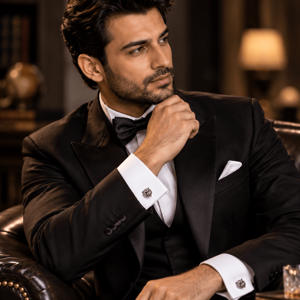 A man wearing Tiger Head 925 Oxidised Silver Cufflinks on a black tuxedo jacket with satin lapels, a white dress shirt, a black bow tie, and a white pocket square, seated in a dark leather armchair in a dimly lit room.
