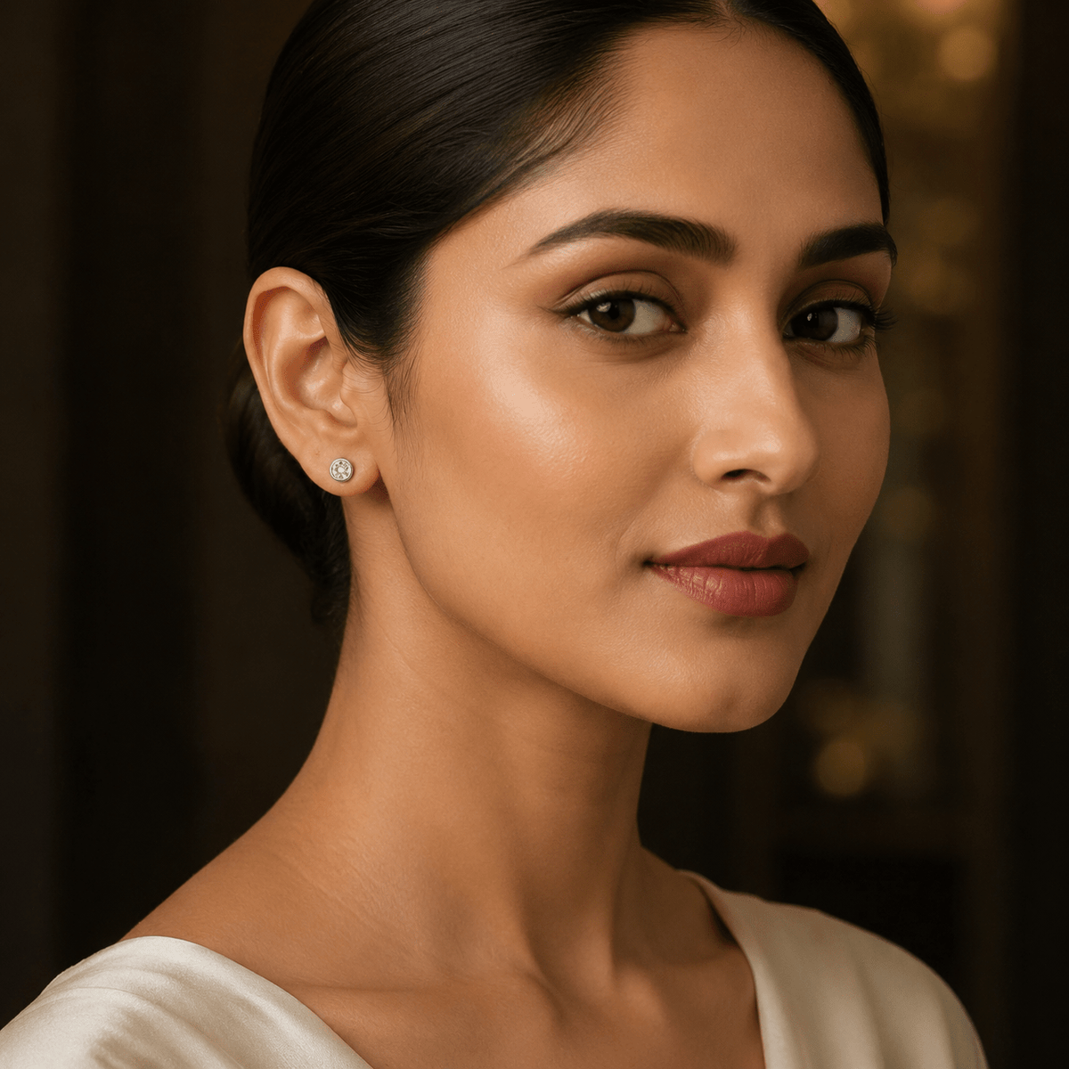 A woman wearing a small round 925 Silver Bezel-Set Solitaire Stud Earrings | Miraura Jewels