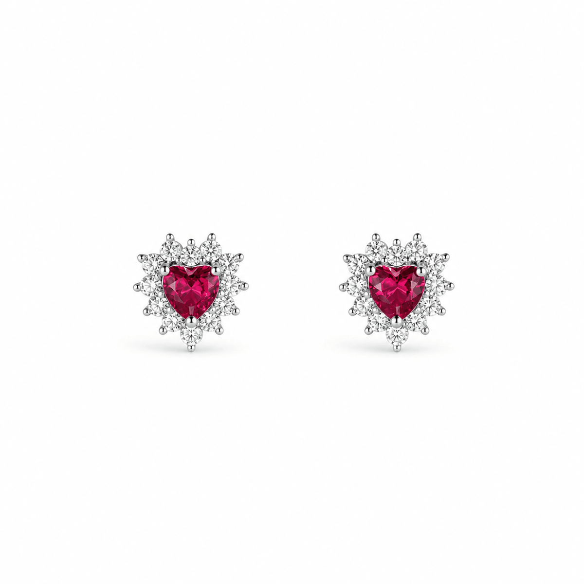 925 Silver Ruby Heart Halo Stud Earrings | Miraura Jewels