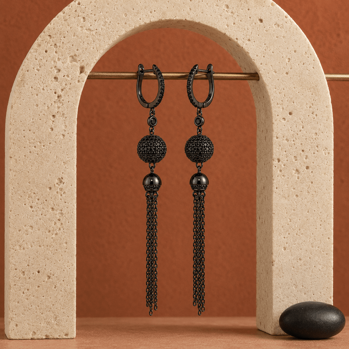 A long, dangling 925 Silver Black Rhodium Chain Tassel Drop Earrings | Miraura Jewels