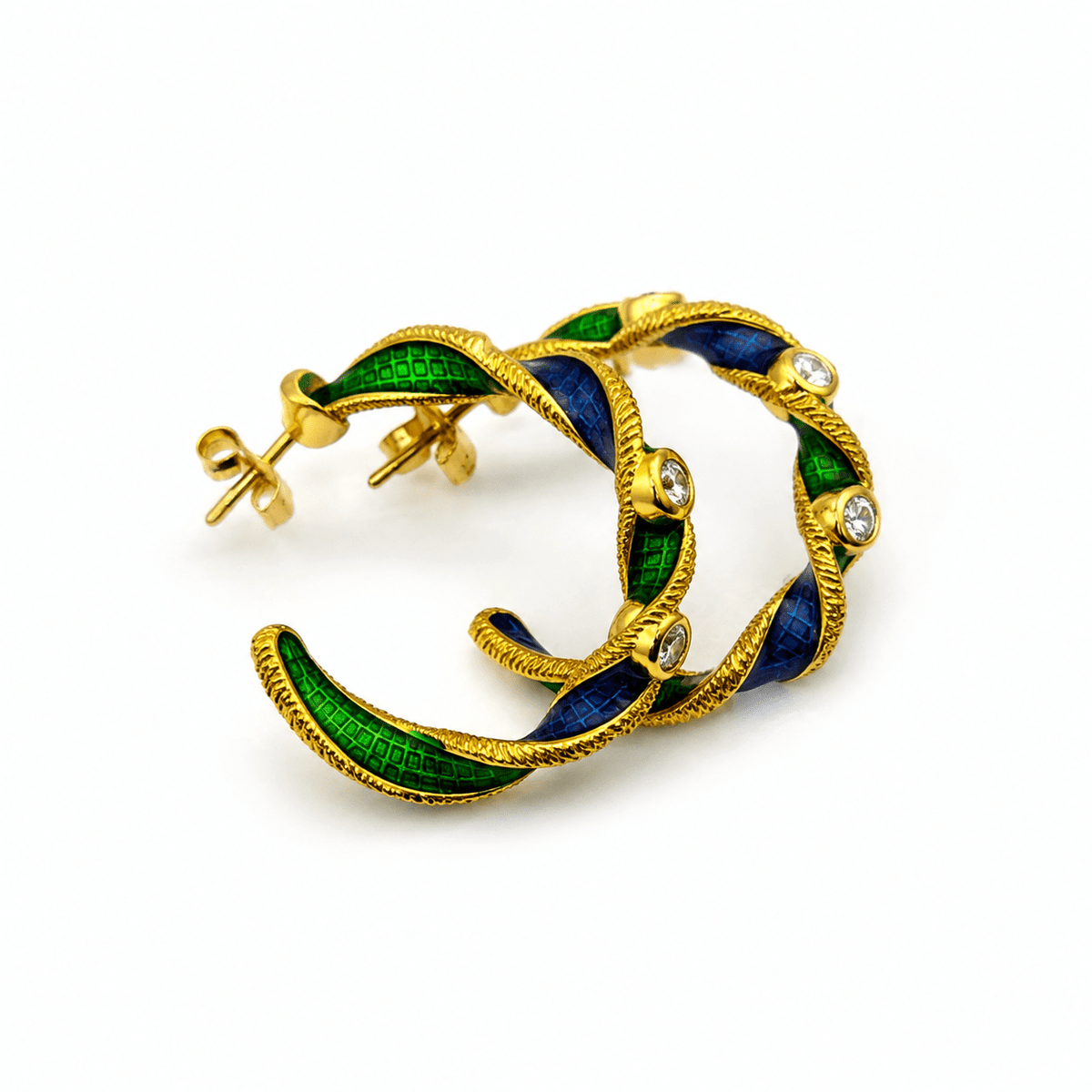 925 Silver Blue & Green Enamel Twist Hoop Earrings by Miraura Jewels