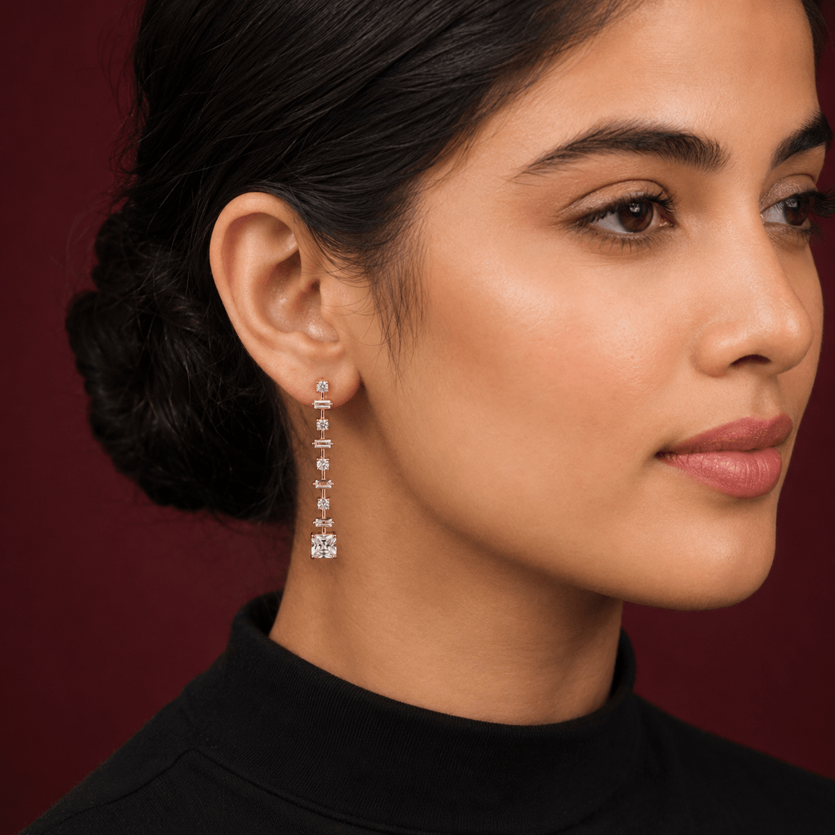 A girl wearing a long, dangling 925 Silver Chic Rose Gold Dangle Earrings | Miraura Jewels