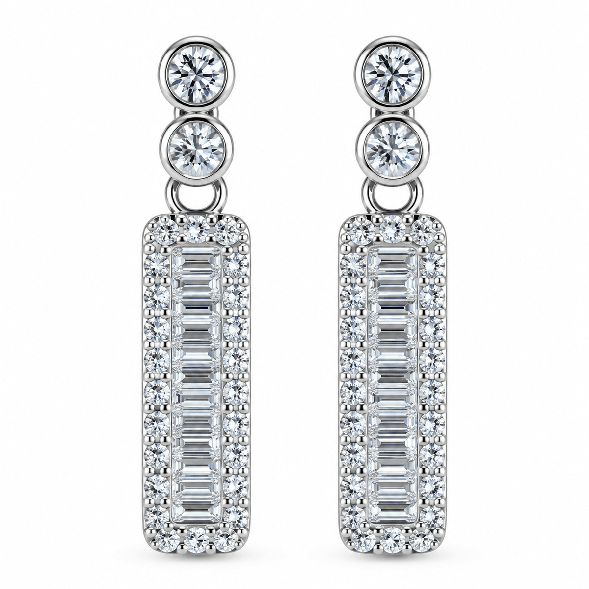 925 Silver Baguette Rectangular Halo Drop Earrings by iraura Jewels.