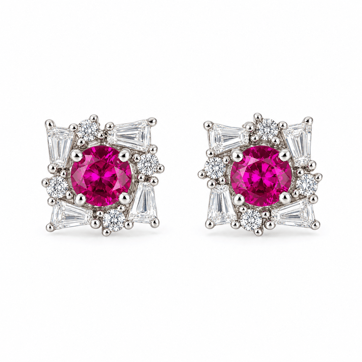 Ruby-Pink Geometric Cluster 925 Silver Studs by Miraura Jewels.