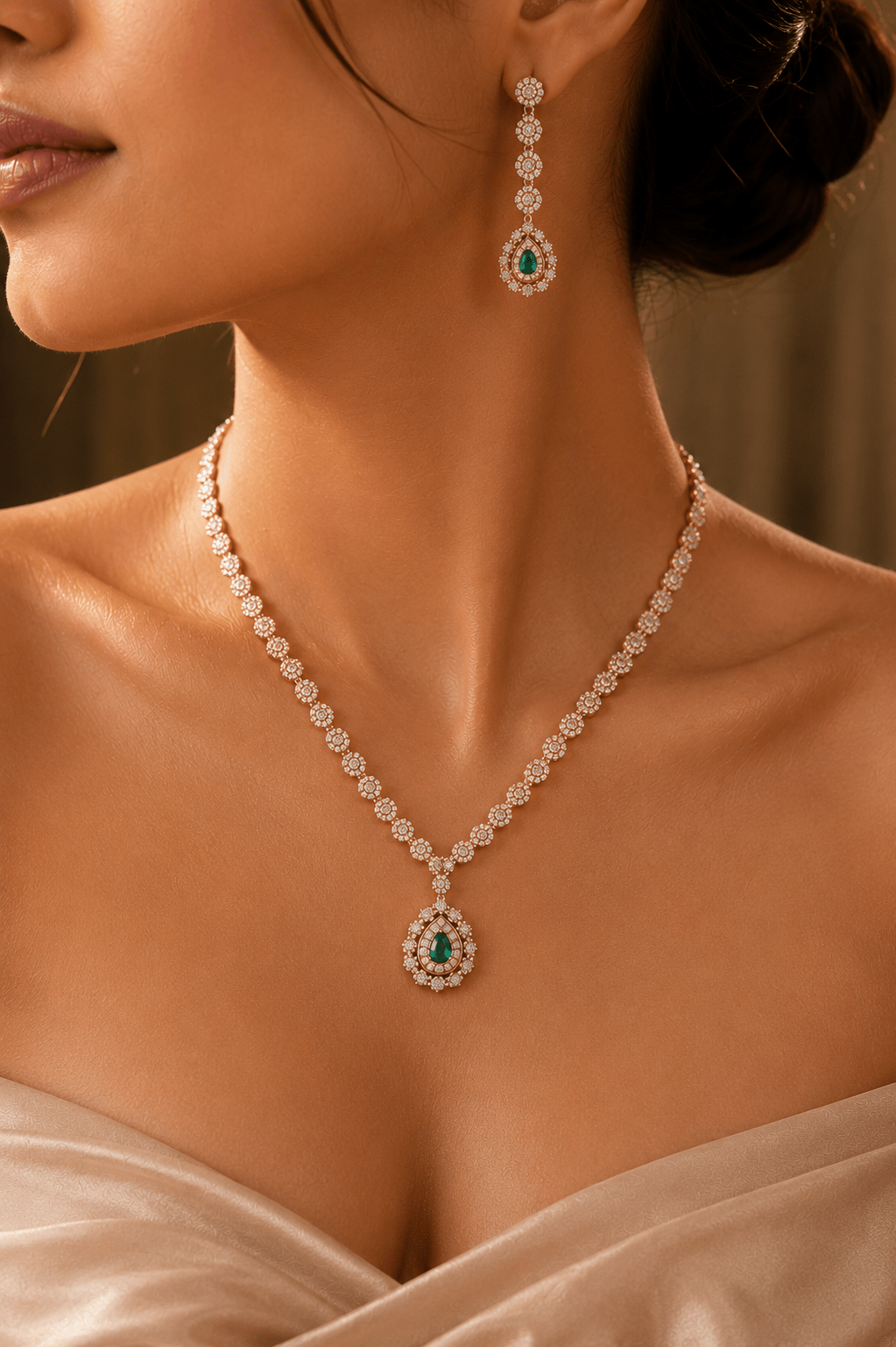 A close-up of a woman wearing a matching jewelry set featuring a diamond-encrusted necklace and drop earrings with emerald-cut green gemstones.