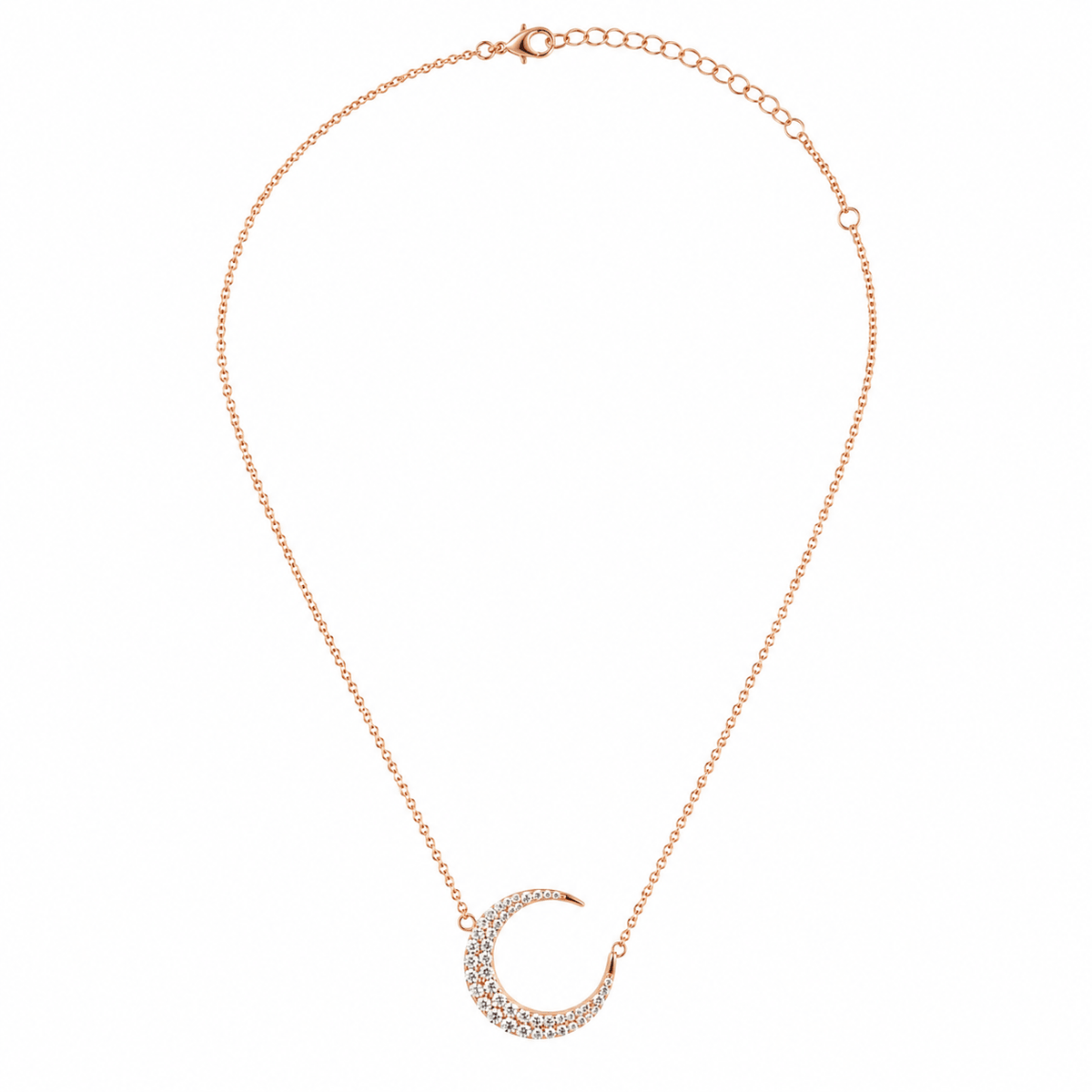A rose gold necklace featuring a crescent moon pendant paved with small clear rhinestones.