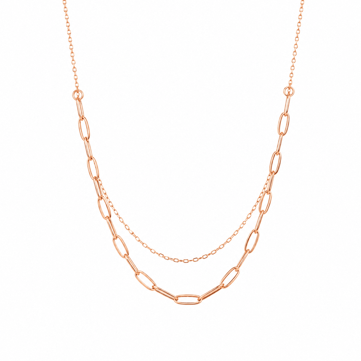 A rose gold double-layer chain featuring a main chain with elongated oval links and a secondary delicate chain, displayed on a clean white background.