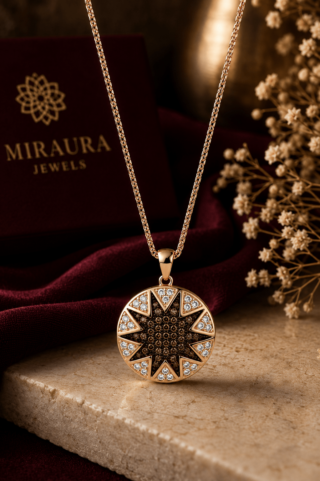 A rose gold circular pendant necklace with a starburst design, featuring a dark brown center and clear stones, displayed on a beige stone slab with a dark red velvet cloth and a Miraura Jewels box in the background.