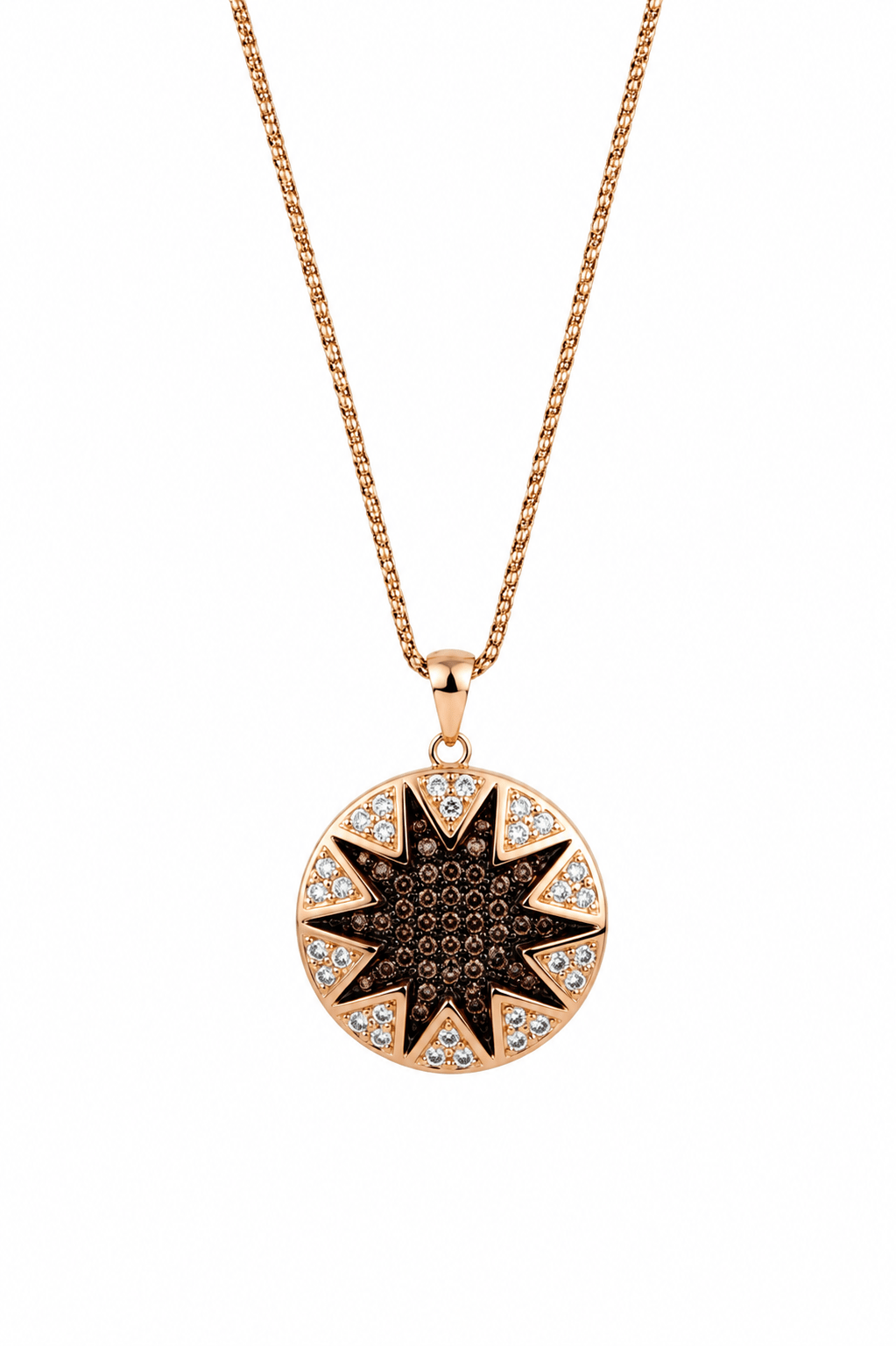A rose gold necklace with a circular starburst pendant featuring a dark brown center and clear pavé accents, Miraura's Starburst Disc Chain Pendant