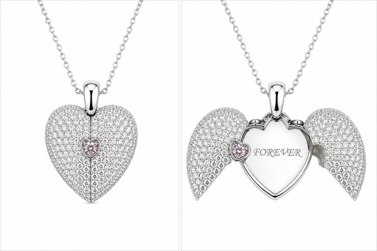 Miraura Silver Pave Crystal Open Split Heart Pendant with pavé crystal wings and a small pink heart accent, shown in front and back views on a white background. One side shows the heart with a pink heart and the other side shows the heart with angel wings open and the word 'FOREVER' engraved in the center.