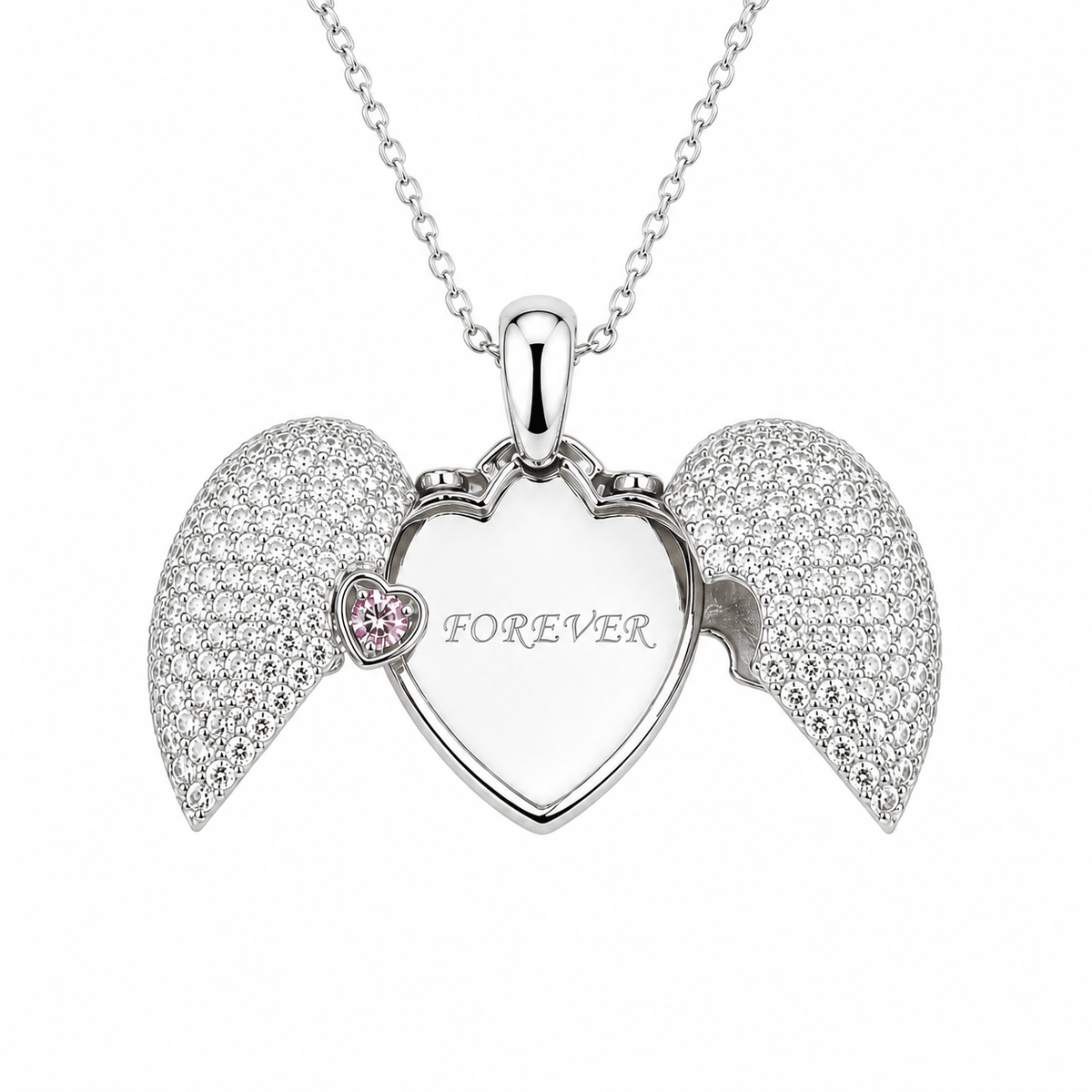 Silver angel wing pendant necklace with a heart-shaped center engraved with 'FOREVER' and a small pink heart gemstone, shown on a white background.