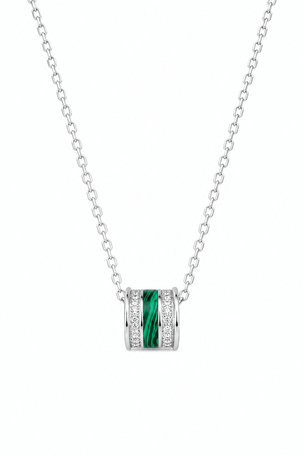 A Silver Malachite Pave Bead Pendant, silver-toned necklace with a cylindrical pendant featuring a vertical green malachite inlay flanked by small clear stones, shown on a plain white background.
