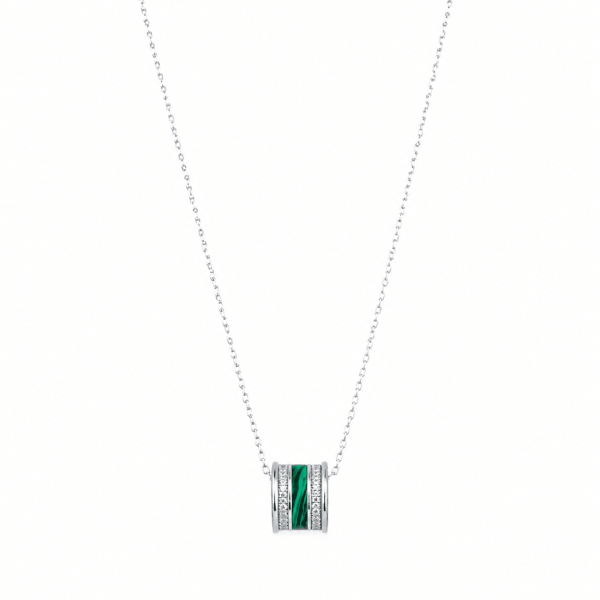 A Silver Malachite Pave Bead Pendant, silver-toned necklace with a cylindrical pendant featuring a vertical green malachite inlay flanked by small clear stones, shown on a plain white background.